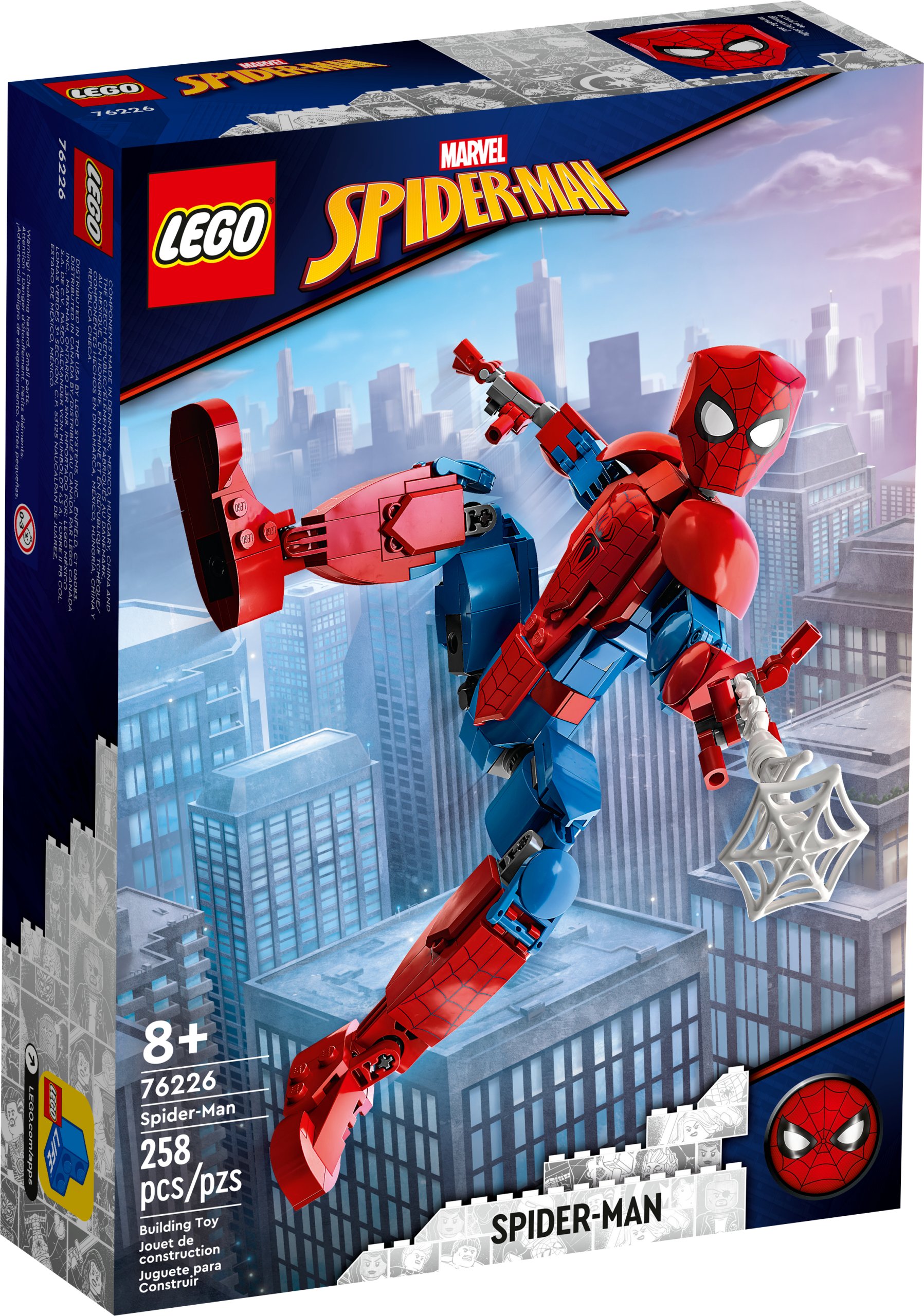 Put Spider-Man action into the hands of fans aged 8 and up with the LEGO® Marvel Spider-Man Figure (76226). Standing over 9.5 in. (24 cm) tall, this buildable take-anywhere toy brings Marvel-movie authenticity to kids’ Super Hero adventures. A Spidey of their own! Based on Spider-Man from the Marvel Universe, this fully jointed figure is just like the real thing. Using the web accessories included, kids can move and position their Spider-Man as they battle their way through endless exciting missions. When the day’s web-slinging action is over, the flexible figure looks great on display. The free LEGO Building Instructions app lets kids view, zoom and rotate the model as they build, giving them an amazing sense of immersion and interaction during the construction process. A hands-on Spider-Man – Put the web-slinging Super Hero into the hands of Spider-Man fans aged 8 and up with this LEGO® Marvel Spider-Man Figure (76226) set Iconic Marvel hero – Kids assemble the 258-piece figure into a realistic recreation of Spider-Man from the Marvel Universe Fully jointed – All parts of the buildable Spider-Man are articulated, so kids can move, position and pose the figure just like the real thing Gift for kids – Give this hands-on play figure to a young Super Hero aged 8 and up as a birthday, holiday or just-because treat Portable play – This go-anywhere figure stands 9.5 in. (24 cm) tall, just the right size to provide instant action wherever kids take it Immersive building experience – The LEGO® Building Instructions app lets users view, zoom and rotate the model as they build Expand the Super Hero fun – There are more LEGO® Marvel figures in the series to collect, including Miles Morales (76225) and Venom (76230) figures Quality guaranteed – LEGO® components fulfill stringent industry quality standards to ensure they are consistent, compatible and connect and pull apart easily every time Safety assured – LEGO® components are dropped, heated, crushed, twisted and analyzed to make sure they satisfy rigorous global safety standards