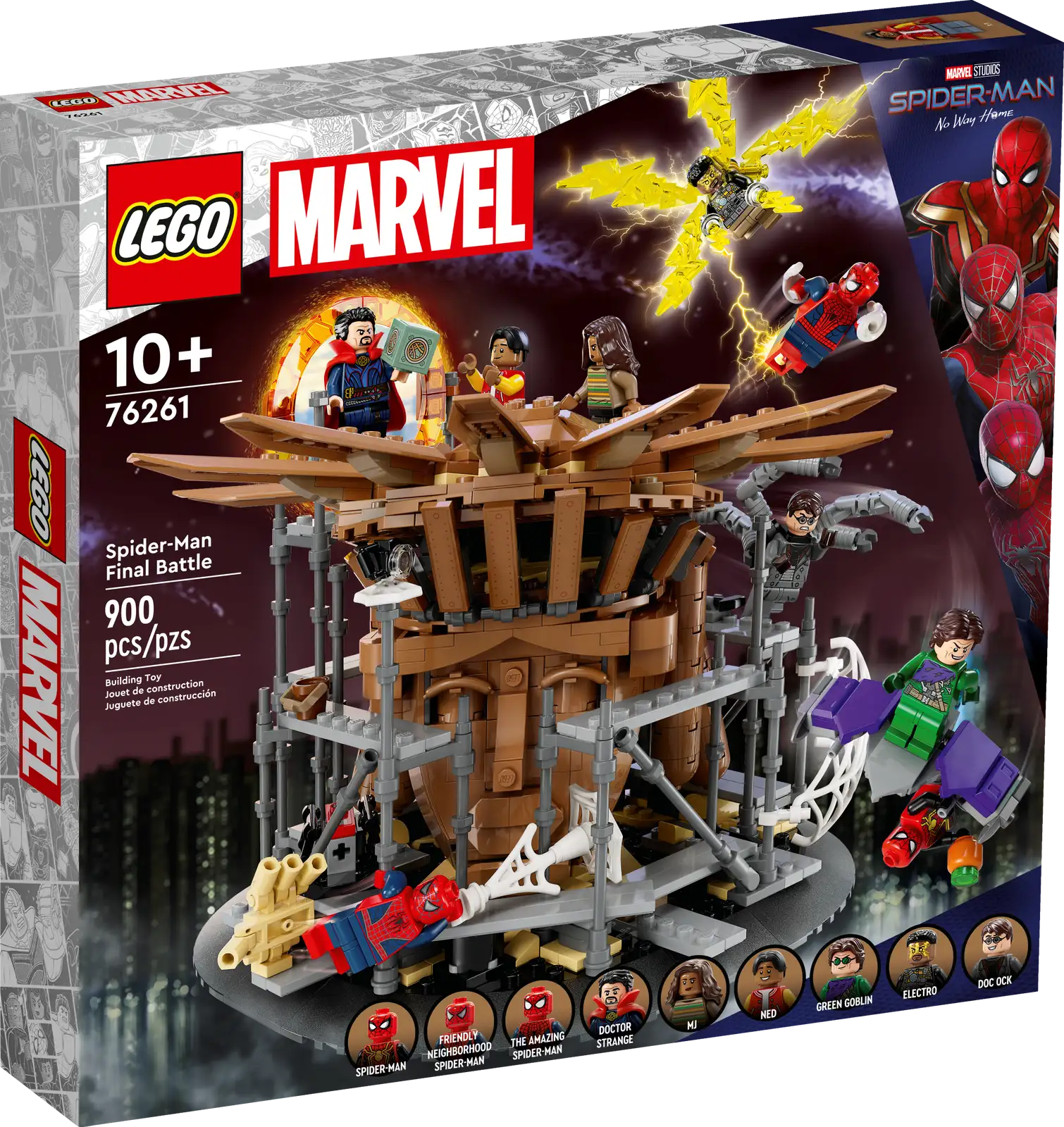 LEGO® Marvel Spider-Man Final Battle (76261) recreates the spectacular showdown from Marvel Studios’ Spider-Man: No Way Home movie. Packed with iconic characters and web-slinging action, this stunning celebration of Spider-Man will captivate fans aged 10 and up. 3 universes in 1 buildable toy This 360-degree set includes an amazing assortment of LEGO Marvel minifigures, including 3 versions of Spider-Man: Friendly Neighborhood Spider-Man (Tobey Maguire), The Amazing Spider-Man (Andrew Garfield) and Spider-Man (Tom Holland). The other minifigures are Electro, Doctor Strange, Green Goblin, Ned, MJ and Doc Ock. Numerous features are included to maximize play-and-display possibilities, including 3 minifigure supports for midair action, a removable roof that reveals Sandman’s hand, a flip-open rear access to a portal and a soft web element to envelop minifigures. For added digital fun, builders can zoom in, rotate sets in 3D and track their progress using the fun, intuitive LEGO Builder app. A celebration of Spider-Man – LEGO® Marvel Spider-Man Final Battle (76261) combines classic characters and web-slinging action from Marvel Studios’ Spider-Man: No Way Home Iconic characters – Friendly Neighborhood Spider-Man (Tobey Maguire), The Amazing Spider-Man (Andrew Garfield), Spider-Man (Tom Holland), Electro, Doctor Strange, Green Goblin, Ned, MJ and Doc Ock Packed with play-and-display fun – 3 minifigure supports enable midair action; a removable roof uncovers Sandman; a flip-open rear reveals a portal; a soft web wraps up the bad guys; and lots more Gift for young Super Heroes – Give this hands-on playset to Marvel movie fans aged 10 and up as a birthday, holiday or any-day treat 360-degree showpiece – The model measures over 7 in. (18 cm) high, 8 in. (20 cm) wide and 8.5 in. (22 cm) deep and provides an eye-catching display from any angle Intuitive building instructions – Kids can download the LEGO® Builder app for an immersive building experience, with digital tools to zoom in and rotate models in 3D, save sets and track progress Expand the Super Hero fun – The extensive range of LEGO® Marvel building toys provides endless imaginative possibilities for kids to build, play and display Quality guaranteed – LEGO® components meet stringent industry quality standards to ensure they are consistent, compatible and easy to build with Safety assured – LEGO® bricks and pieces are dropped, heated, crushed, twisted and analyzed to make sure they satisfy rigorous global safety standards