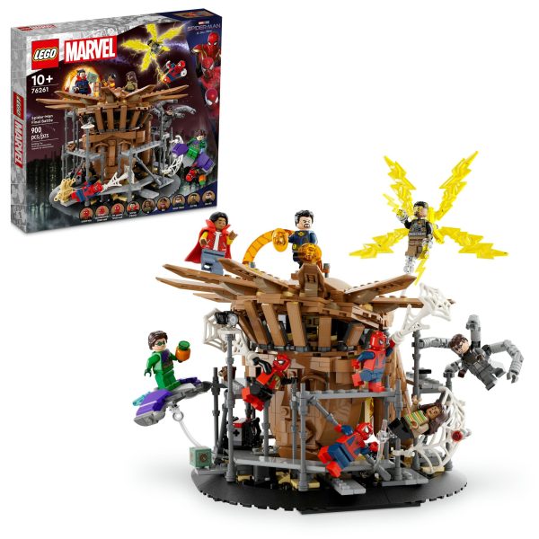 LEGO® Marvel Spider-Man Final Battle (76261) recreates the spectacular showdown from Marvel Studios’ Spider-Man: No Way Home movie. Packed with iconic characters and web-slinging action, this stunning celebration of Spider-Man will captivate fans aged 10 and up. 3 universes in 1 buildable toy This 360-degree set includes an amazing assortment of LEGO Marvel minifigures, including 3 versions of Spider-Man: Friendly Neighborhood Spider-Man (Tobey Maguire), The Amazing Spider-Man (Andrew Garfield) and Spider-Man (Tom Holland). The other minifigures are Electro, Doctor Strange, Green Goblin, Ned, MJ and Doc Ock. Numerous features are included to maximize play-and-display possibilities, including 3 minifigure supports for midair action, a removable roof that reveals Sandman’s hand, a flip-open rear access to a portal and a soft web element to envelop minifigures. For added digital fun, builders can zoom in, rotate sets in 3D and track their progress using the fun, intuitive LEGO Builder app. A celebration of Spider-Man – LEGO® Marvel Spider-Man Final Battle (76261) combines classic characters and web-slinging action from Marvel Studios’ Spider-Man: No Way Home Iconic characters – Friendly Neighborhood Spider-Man (Tobey Maguire), The Amazing Spider-Man (Andrew Garfield), Spider-Man (Tom Holland), Electro, Doctor Strange, Green Goblin, Ned, MJ and Doc Ock Packed with play-and-display fun – 3 minifigure supports enable midair action; a removable roof uncovers Sandman; a flip-open rear reveals a portal; a soft web wraps up the bad guys; and lots more Gift for young Super Heroes – Give this hands-on playset to Marvel movie fans aged 10 and up as a birthday, holiday or any-day treat 360-degree showpiece – The model measures over 7 in. (18 cm) high, 8 in. (20 cm) wide and 8.5 in. (22 cm) deep and provides an eye-catching display from any angle Intuitive building instructions – Kids can download the LEGO® Builder app for an immersive building experience, with digital tools to zoom in and rotate models in 3D, save sets and track progress Expand the Super Hero fun – The extensive range of LEGO® Marvel building toys provides endless imaginative possibilities for kids to build, play and display Quality guaranteed – LEGO® components meet stringent industry quality standards to ensure they are consistent, compatible and easy to build with Safety assured – LEGO® bricks and pieces are dropped, heated, crushed, twisted and analyzed to make sure they satisfy rigorous global safety standards