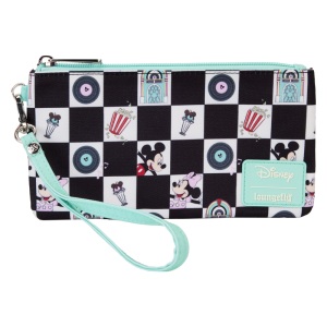 Select a song from the jukebox and prepare to dance! Our Loungefly Disney Mickey Mouse and Minnie Mouse Date Night Diner All-Over-Print Nylon Wristlet is ready for fun. This accessory features an all-over black-and-white checkered pattern, reminiscent of a dance floor in a 1950s diner. Inside the white checker boxes, you’ll find printed images of records, jukeboxes, Disney’s Mickey Mouse and Minnie Mouse, popcorn, and ice cream sundaes. Accents of teal add a retro pop of color. When you open the wallet, there are approximately four slots for holding cards and securing valuables. Bring your plus one, and this wallet, to kick up your heels in style. The Loungefly Disney Mickey Mouse and Minnie Mouse Date Night Diner All-Over-Print Nylon Wristlet is made of nylon. Wallet zips closed with silver-colored metal hardware. Additional features include printed details. Take note of the inside lining with the Loungefly logo. This wallet is an officially licensed Disney product. Wallet dimensions: 7”W x 4.5”H