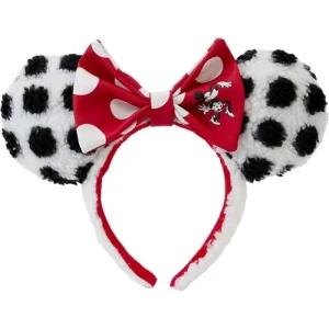 Minnie Rocks the Dots Sherpa Headband: Show off your Disney fandom with this Minnie Rocks the Dots Sherpa Headband! This sherpa die-cut headband with faux leather bow features 3D bow, applique, embossed and printed details. For ages 15 and up. All Loungefly items are vegan friendly, unless otherwise noted.