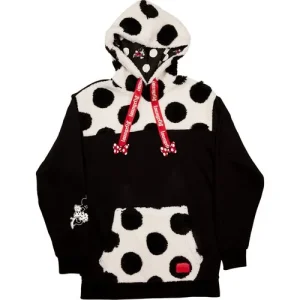 Minnie Rocks the Dots Sherpa Hoodie: Show off your Disney fandom with this Minnie Rocks the Dots Sherpa Hoodie! Features Minnie Mouse on one of the sleeves, plus a polka dot pattern and bow applique drawcord tabs. The French terry and sherpa hoodie features a jersey lined hood and screen-printed details. Sizes run from adult Small to adult XXX-Large. For ages 15 and up. Size Chest Length Small 43 1/2 - 45 1/2" 30" Medium 45 1/2 - 47 1/2" 30 1/2" Large 47 1/2 - 49 1/2" 31" X-Large 49 1/2 - 51 1/2" 31 1/2" XX-Large 57 1/2 - 59 1/2" 32 1/2" XXX-Large 59 1/2 - 61 1/2" 33" All Loungefly items are vegan friendly, unless otherwise noted.