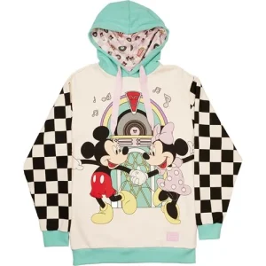 Mickey and Minnie Date Night Diner Hoodie: Get ready to dance the night away with this Mickey and Minnie Date Night Diner Hoodie! Features Mickey and Minnie dancing in front of a jukebox, with checker-patterned sleeves and a print on the inside of the hood. The French terry hoodie features a jersey lined hood and screen-printed details. Sizes run from adult Small to adult XXX-Large. For ages 15 and up. Size Chest Length Small 43 1/2 - 45 1/2" 30" Medium 45 1/2 - 47 1/2" 30 1/2" Large 47 1/2 - 49 1/2" 31" X-Large 49 1/2 - 51 1/2" 31 1/2" XX-Large 57 1/2 - 59 1/2" 32 1/2" XXX-Large 59 1/2 - 61 1/2" 33" All Loungefly items are vegan friendly, unless otherwise noted.