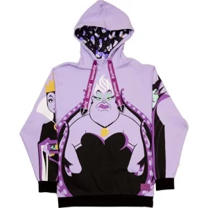 Disney Villains Curse Your Hearts Hoodie: Break some hearts with this Disney Villains Curse Your Hearts Hoodie! The scary cute hoodie features the most evil of the Disney Villains - Ursula, The Evil Queen and Maleficent. The French terry hoodie features a jersey lined hood and screen-printed details. Sizes run from adult Small to adult XXX-Large. For ages 15 and up. Size Chest Length Small 43 1/2 - 45 1/2" 30" Medium 45 1/2 - 47 1/2" 30 1/2" Large 47 1/2 - 49 1/2" 31" X-Large 49 1/2 - 51 1/2" 31 1/2" XX-Large 57 1/2 - 59 1/2" 32 1/2" XXX-Large 59 1/2 - 61 1/2" 33" All Loungefly items are vegan friendly, unless otherwise noted.