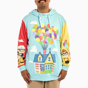 Up, up, and away! Let your adventures take flight with the Loungefly Disney-Pixar Up 15th Anniversary Unisex Hoodie. On the front, Carl and Ellie’s house floats through the sky with the help of colorful balloons. Pockets appear on each side of the sweatshirt, giving you space to store your belongings. On one sleeve, a young Carl and Ellie drift on a bouquet of balloons. On the other, Carl stands with Russel and Dug. Extra-large drawcords cinch together the hood, which features an all-over printed lining of clouds and balloons. This comfortable hoodie makes a heartwarming addition to any outfit and will keep you looking stylish on all your travels. The Loungefly Disney-Pixar Up 15th Anniversary Unisex Hoodie is made of French Terry cotton (60% cotton, 40% polyester). Extra-large lanyard-style drawcords add versatility in wear and fit and are perfect for displaying your favorite pins. Cuffs and waistband are 95% cotton and 5% spandex. This hoodie is an officially licensed Disney-Pixar product. Comes in unisex sizes S through 3X.