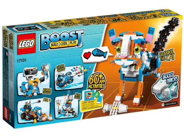 Bring your LEGO® creations to life with the new LEGO BOOST Creative Toolbox—a fun and easy way for your 7+ builder to learn the basics of coding, engineering and robotics. Simply choose one of the 5 models available with the BOOST set, download the free, easy-to-use app and you’re ready to go! Choose between Vernie the Robot—a moving, talking robot; the M.T.R.4 (Multi-Tooled Rover 4)—a robust, versatile rover with 4 different tool attachments including a spring-loaded shooter; the Guitar4000—a musical instrument with pitch bend and sound effects; Frankie the Cat—an interactive robot pet that plays, purrs and expresses its mood; or the AutoBuilder—an automated production line that really builds miniature LEGO models! Then bring your creation to life with the app’s intuitive, icon-based coding interface and complete an array of exciting activities designed for each model. With LEGO BOOST, children learn about loops and variables, improve STEM and creative-problem solving skills and develop their imagination as they toggle between guided and open-ended play. The more activities you complete, the more coding blocks you unlock! The LEGO BOOST app is available for selected iOS, Android and Kindle smart devices. Please go to LEGO.com/device-guide for a list of all compatible devices. The app offers regular updates with new challenges and coding options designed to encourage social play. Includes a LEGO® Motorized Hub, additional Motor and a Color & Distance Sensor, plus more than 840 LEGO pieces for building and rebuilding any of 5 multifunctional models. Code Vernie the Robot to dance, shoot the target, beatbox, use his hockey stick or even play a game. Build the M.T.R.4 (Multi-Tooled Rover 4) and choose from a selection of tools and customization attachments to complete missions or battle against other rovers. Learn how to play a song and rock out with the Guitar4000. Look after your own pet with Frankie the Cat. Be sure to feed it the right food, or it might get upset! Construct, code and operate the AutoBuilder to produce real miniature LEGO® models. Build and code robots and models, and complete over 60 exciting activities included in the LEGO® BOOST App. Building instructions for all 5 models are only available with the free LEGO BOOST app, available for selected iOS, Android and Kindle smart devices. The app offers regular updates that include new challenges and coding options, and encourages social play. Real coding transformed into an intuitive and easy to use drag-and-drop coding interface, suitable for all aged 7+. Learn about loops and variables, and develop your STEM skills, creative-problem solving and imagination by toggling between guided and open-ended play. Step-by-step challenges suitable for starting levels that help you progress and increase your coding skills. Combine with the LEGO® City 60194 Arctic Scout Truck to control and drive the vehicle! Use the LEGO BOOST app to operate the forklift, examine samples with the color sensor, help the whale back into the water and much more, for an interactive experience like never before! Combine with LEGO® NINJAGO® 70652 Stormbringer and set the Lightning Dragon free! Use the LEGO BOOST app to control the fearsome beast, fire the shooters, create a color-sensing ejector seat and much more! This product requires batteries (not included). Go to LEGO.com/device-guide for a list of compatible devices. This set features Digital Building Instructions. Now it’s easy to follow the steps on your mobile device or download a PDF of the printed building guide. Click the Building Instructions button at the bottom of this page to find and download the instructions.