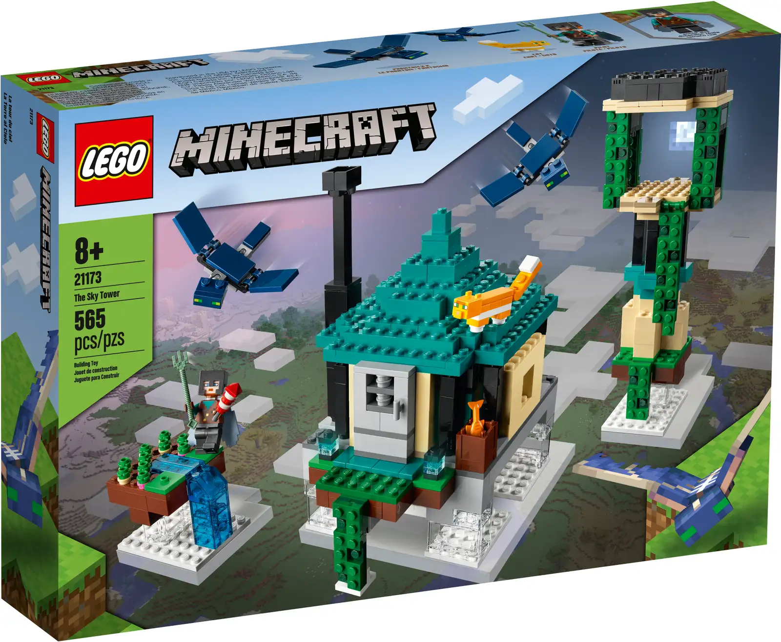 LEGO® Minecraft™ The Sky Tower (21173) is filled with authentic action and diverse environments that kids with a passion for Minecraft can reconfigure again and again for endless adventures in the clouds. Sky-high Minecraft creativity Kids use cool, authentic Minecraft features to fly into the sky and build a floating blacksmith’s house, a soaring tower and a garden island. The play possibilities range from growing vegetables to battling flying phantoms. This accessory-packed playset is infinitely reconfigurable so kids can rebuild, reimagine and enjoy endless adventures – just like in the online game, but with hands-on, creative construction. LEGO® Minecraft™ The Sky Tower (21173) incorporates a diverse range of buildable environments that reconfigure in infinite ways to inspire Minecraft adventures that never end. Includes a Pilot figure with elytra wings, netherite helmet, firework rocket and trident; 2 flying phantoms; an orange tabby cat; and lots of authentic accessories. This fantastically versatile playset encourages kids to continually adapt their creations and explore new adventures. It’s just like the video game, but with hands-on, creative construction. Minecraft™ players and creative builders aged 8 and up will enjoy endless hands-on, immersive pleasure with this imagination-inspiring playset. Measuring over 7 in. (18 cm) high, 6 in. (15 cm) wide and 5 in. (12 cm) deep, this reconfigurable set is ideal for imaginative play, creative display and combining with other LEGO® Minecraft™ sets. The colorful playset contains many authentic Minecraft™ accessories, including a crafting table, anvil, grindstone, soul lanterns, potatoes, beetroots and a barrel of fish. LEGO® Minecraft™ playsets give Minecraft players a new way to enjoy their favorite game, with characters, scenes and features brought to life by an imaginative mix of LEGO bricks and pieces. LEGO® building kits meet stringent industry quality standards to ensure they are consistent, compatible and connect and pull apart perfectly every time – it’s been that way since 1958. LEGO® components are dropped, heated, crushed, twisted and analyzed to make sure they meet rigorous global safety standards.