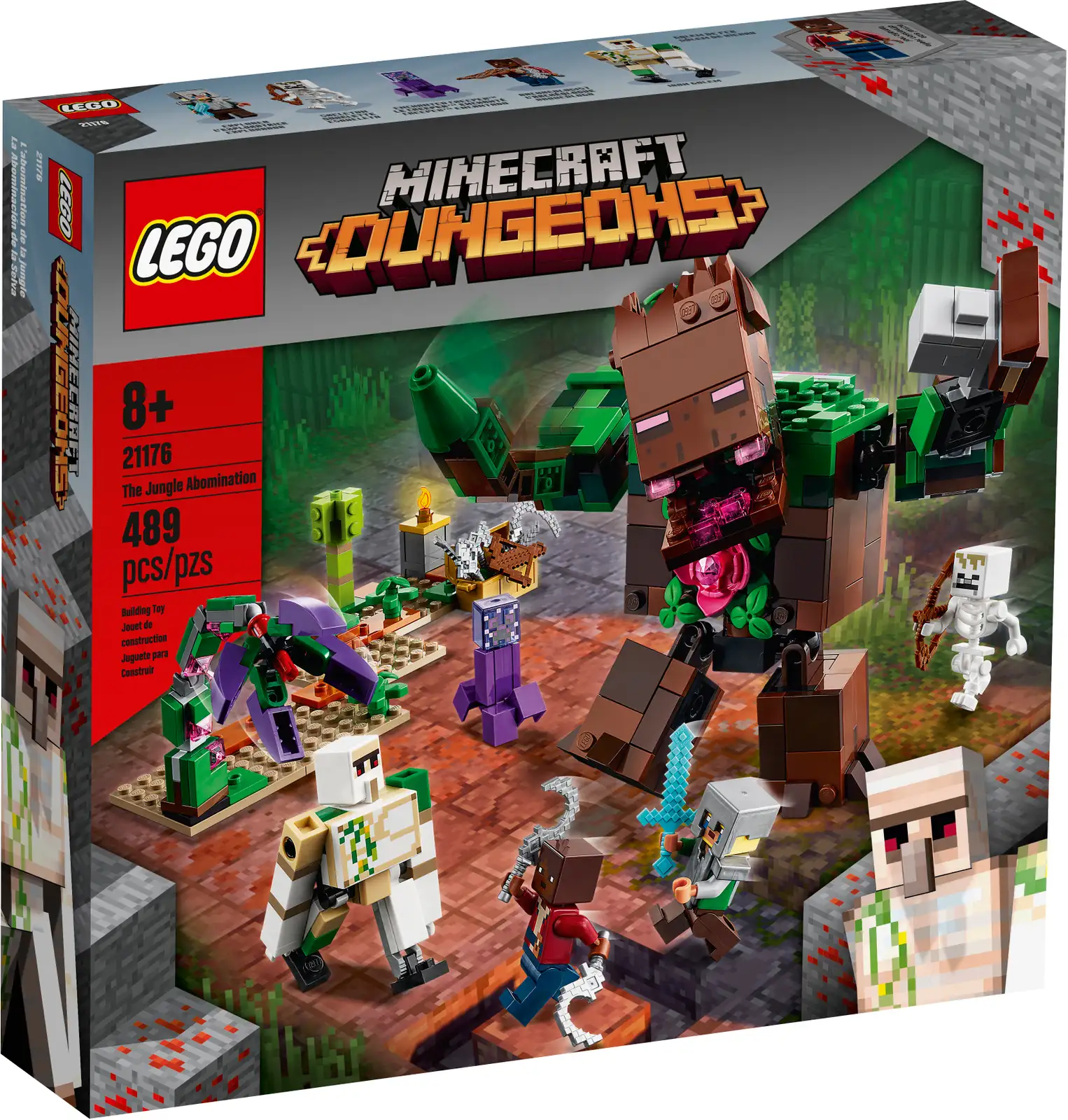 No one is safe in the jungle with LEGO® Minecraft™ The Jungle Abomination (21176). This creative build-and-play set features the must-have monster, plus a host of cool Minecraft characters and features. The ultimate Minecraft jungle giant Minecraft players will love to get their hands on this big, brawling beast. With its massive, movable head, opening mouth and arm made for crushing, the Jungle Abomination is the Minecraft jungle megastar. To encourage an entertaining variety of imaginative ways to play, the set also includes a Minecraft explorer, archaeologist, enchanted Creeper™, skeleton, iron golem and a buildable, articulated plant with grabbing petals. Kids who like to put their passion for Minecraft on show can make use of the highly reconfigurable environment to create endless eye-catching displays. LEGO® Minecraft™ The Jungle Abomination (21176) features the must-have Minecraft monster plus a host of cool Minecraft characters and features. As well as the iconic Jungle Abomination, the set includes explorer and archaeologist characters, an enchanted Creeper™, skeleton, iron golem and an articulated plant with grabbing petals. The Jungle Abomination is a fully posable character with movable arms, head, mouth, legs and waist – providing kids with endless play-and-display possibilities. Treat the Minecraft™ player in your life to something special. LEGO® Minecraft The Jungle Abomination makes a great birthday, Christmas or ‘just because’ gift for kids aged 8 and up. Measuring over 5 in. (15 cm) tall, the Jungle Abomination is ideal for hands-on imaginative play, creative display and combining with other LEGO® Minecraft™ sets. The Jungle Abomination stands firmly on a large baseplate. A movable plant monster, pedestal and bamboo plant stand on their own, smaller baseplates to maximize customizability. LEGO® Minecraft™ playsets give Minecraft players a new way to enjoy their favorite game, with characters, scenes and features brought to life with an imaginative mix of LEGO bricks and pieces. LEGO® building kits meet strict industry quality standards to ensure they are consistent, compatible and connect and pull apart perfectly every time – it’s been that way since 1958. LEGO® components are dropped, heated, crushed, twisted and analyzed to make surethey meet demanding global safety standards.