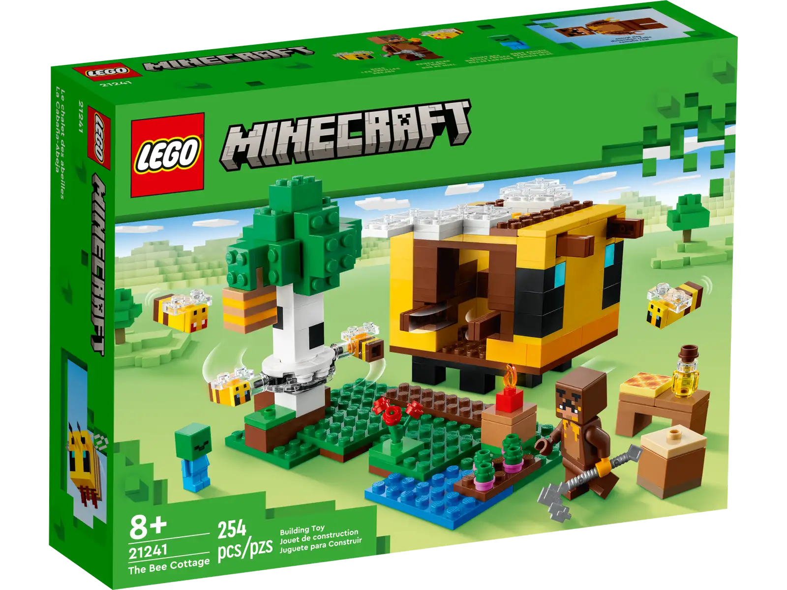 Minecraft® players aged 8 and up will be buzzing with excitement when they get their hands on LEGO® Minecraft The Bee Cottage (21241). This fun toy is packed with endless play possibilities both inside and out. Action-packed set featuring Minecraft’s iconic bees Players use their creative Minecraft building skills to construct a bee-shaped house. A removable roof provides easy access to the interior. Outside, there’s honeycomb to harvest from the beehive, crops to grow at the farm and hostile mobs to defend against. The set includes a Honey Bear player character, baby zombie, 3 bees and 1 angry bee. Features include 2 bees that race around a tree with the flick of a finger. For added digital fun, the LEGO Builder app features intuitive zoom and rotate tools that let kids visualize their model as they build. Minecraft® action – LEGO® Minecraft The Bee Cottage (21241) is packed with hands-on adventures that take players’ experience of the popular video game to a whole new level Classic characters – Includes a Honey Bear player character, baby zombie, 3 bees and 1 angry bee, plus fun features and accessories Fun-packed playset – Kids harvest honeycomb from the beehive, grow crops on a farm and battle a baby zombie as they build a bee-shaped base for their Minecraft® adventures Gift for kids – Give this versatile, buildable playset as a birthday, holiday or any-day treat for Minecraft® players aged 8 and up Play and display – The constructed model measures over 4 in. (10 cm) high, 5.5 in. (14 cm) wide and 3 in. (8 cm) deep Interactive digital building – The LEGO® Builder app features intuitive zoom and rotate tools that let kids visualize their model as they build Minecraft® made real – LEGO® Minecraft sets give kids a different way to enjoy the popular game, with mobs, scenes and features brought to life with the hands-on creativity of LEGO bricks Quality guaranteed – LEGO® components fulfill stringent industry quality standards to ensure they are consistent, compatible and connect smoothly every time Safety assured – LEGO® components are dropped, heated, crushed, twisted and analyzed to make sure they satisfy rigorous global safety standards
