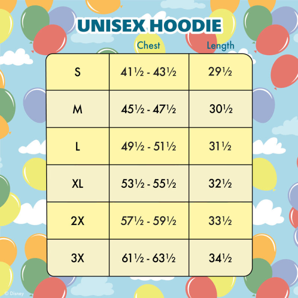 Up, up, and away! Let your adventures take flight with the Loungefly Disney-Pixar Up 15th Anniversary Unisex Hoodie. On the front, Carl and Ellie’s house floats through the sky with the help of colorful balloons. Pockets appear on each side of the sweatshirt, giving you space to store your belongings. On one sleeve, a young Carl and Ellie drift on a bouquet of balloons. On the other, Carl stands with Russel and Dug. Extra-large drawcords cinch together the hood, which features an all-over printed lining of clouds and balloons. This comfortable hoodie makes a heartwarming addition to any outfit and will keep you looking stylish on all your travels. The Loungefly Disney-Pixar Up 15th Anniversary Unisex Hoodie is made of French Terry cotton (60% cotton, 40% polyester). Extra-large lanyard-style drawcords add versatility in wear and fit and are perfect for displaying your favorite pins. Cuffs and waistband are 95% cotton and 5% spandex. This hoodie is an officially licensed Disney-Pixar product. Comes in unisex sizes S through 3X.