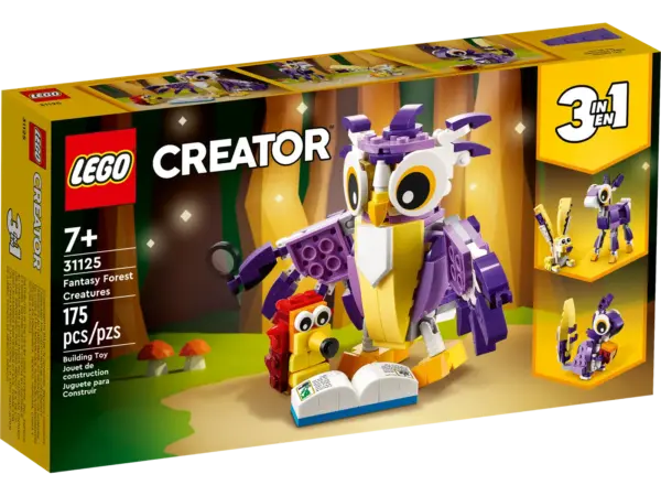 Kids aged 7 and up can play out magical woodland animal stories with this super cute LEGO® Creator 3in1 Fantasy Forest Creatures (31125) building set. Kids have the chance to build 3 different, fun-filled scenes with this LEGO 3in1 set. They can build a wise owl and a hedgehog, rebuild it into a young deer and rabbit, turn it into a cheeky squirrel nibbling an acorn, or use the 175 bricks to create a new animal. Posable models – All 3 creations feature posable features. Play on the go – Standing over 4 in. (10 cm) high, the owl toy is a portable size for kids to take with them on their travels Interactive digital building – Using the LEGO® Building Instructions app, builders can zoom, rotate and visualize a digital version of their model on their smartphones and tablets All LEGO® Sets are rigorously tested to satisfy child-safety standards