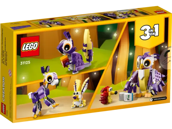 Kids aged 7 and up can play out magical woodland animal stories with this super cute LEGO® Creator 3in1 Fantasy Forest Creatures (31125) building set. Kids have the chance to build 3 different, fun-filled scenes with this LEGO 3in1 set. They can build a wise owl and a hedgehog, rebuild it into a young deer and rabbit, turn it into a cheeky squirrel nibbling an acorn, or use the 175 bricks to create a new animal. Posable models – All 3 creations feature posable features. Play on the go – Standing over 4 in. (10 cm) high, the owl toy is a portable size for kids to take with them on their travels Interactive digital building – Using the LEGO® Building Instructions app, builders can zoom, rotate and visualize a digital version of their model on their smartphones and tablets All LEGO® Sets are rigorously tested to satisfy child-safety standards