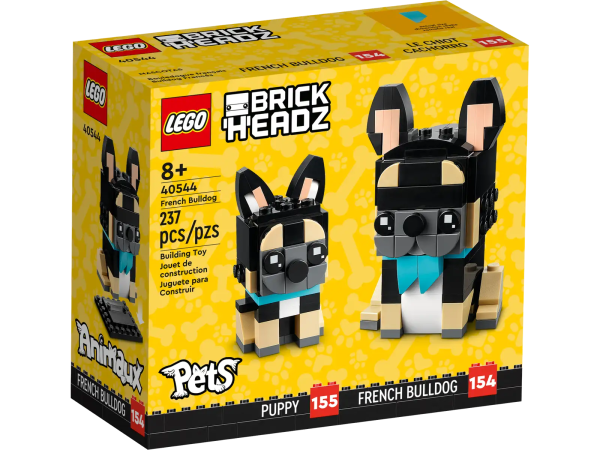 Animal lovers will be excited to build and play with this LEGO® BrickHeadz™ French Bulldog (40544). The adorable French Bulldog and puppy models are both wearing supercute blue scarves and sitting next to a buildable red fire hydrant. Kids aged 8 and up can display them in their bedrooms on a baseplate or detach them to play out fun adventures. French Bulldog (40544) and puppy in LEGO® BrickHeadz™ form – Two buildable models let kids aged 8 and up enjoy fun pet action A treat for kids – A quick building experience for animal fans who will be guided through the process with step-by-step instructions Ideal for play and display – The dogs stand over 3.5 in. (9 cm) tall and kids can show them off on the baseplate or detach them to play out exciting stories
