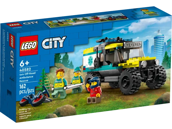 Kids can head off the beaten track for heroic rescue adventures with this LEGO® City 4x4 Off-Road Ambulance Rescue (40582) playset, featuring a rugged toy ambulance, a mountain bike and a dirt track setting. Just add the cyclist and 2 paramedic minifigures for hours of imaginative role play. Toy 4x4 ambulance for off-road rescue adventures – LEGO® City 4x4 Off-Road Ambulance Rescue (40582) playset for kids aged 6 and up Fun features for realistic rescue action – The 4x4 ambulance includes a removable stretcher and roof rails for carrying the included toy mountain bike Dimensions – The toy ambulance in this 162-piece playset measures over 3 in. (7 cm) high, 5.5 in. (14 cm) long and 2.5 in. (6 cm) wide