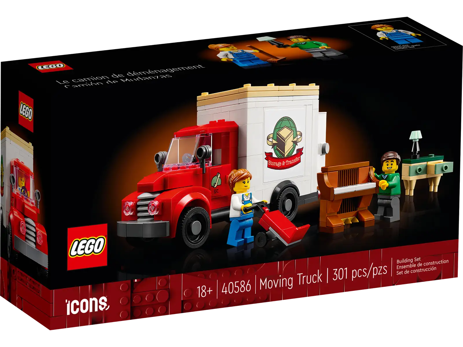 Introducing the LEGO® Icons Moving Truck (40586) building set, an immersive project for adults that’s sure to deliver hours of enjoyment. The set includes 2 LEGO minifigure movers who are on their way to deliver furniture to a jazz club. You can switch the minifigures’ expressions to tell fun stories, and the van has a removable roof and opening doors so you can fit all the accessories – including a jukebox and a piano – inside. Display your model as an eye-catching addition to any office or home. Build a moving truck – A detailed moving truck that features a removable roof and opening doors; everything included in the set fits inside the truck Meet the characters – The set comes with 2 LEGO® minifigure movers and furniture including a jukebox, piano and dresser Dimensions – This product measures over 4 in. (9 cm) high, 2 in. (5 cm) long and 6 in. (15 cm) wide