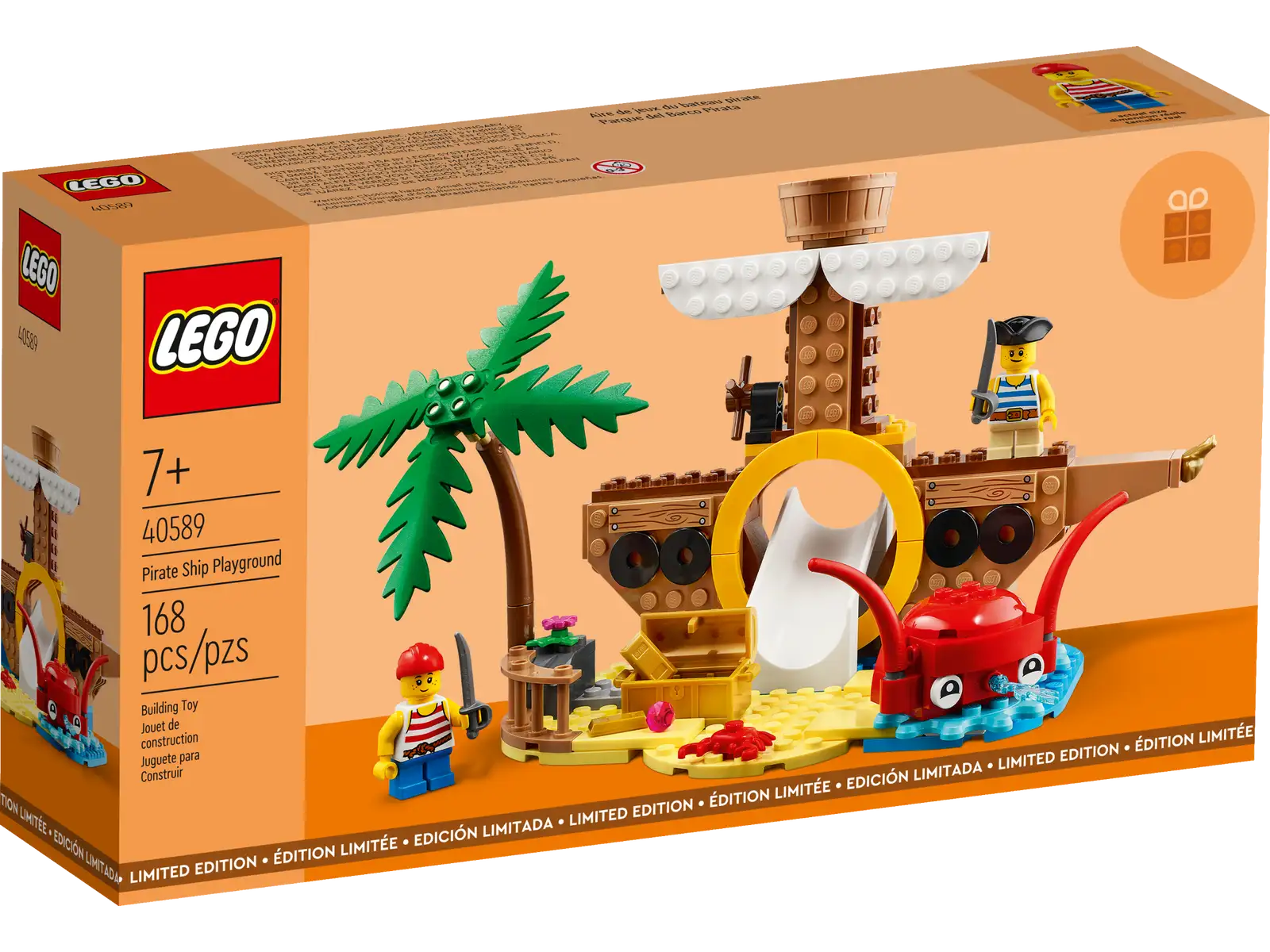 Inspire imaginative play for kids aged 7 and up as they have fun building this sweet LEGO® Pirate Ship Playground (40589). The pirate ship comes with a slide, a water cannon, 2 kid minifigures, a palm tree, a rotating octopus and other fun pirate-themed details. This set makes a great gift to celebrate Children’s Day or any other occasion. Creative play for kids – Give your little shipmates a fun building set with this LEGO® Pirate Ship Playground (40589) set for kids aged 7 and up. Makes a gift idea for Children’s Day Pirate-themed features – The build includes a slide, a water cannon, 2 kid minifigures, a palm tree, a rotating octopus and other fun features Dimensions – The model measures over 4 in. (12 cm) high, 9 in. (25 cm) wide and 5 in. (14 cm) deep