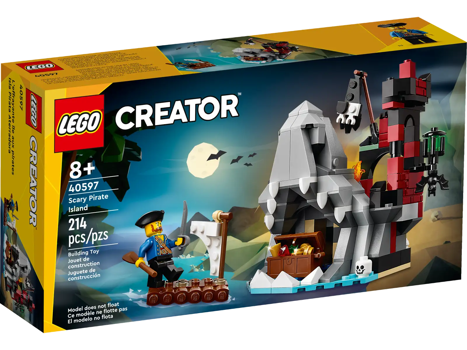 LEGO® fans can celebrate Halloween by staging their own adventures on Scary Pirate Island (40597). The island features a shark’s head with a cave inside its open jaws, plus a creepy castle ruin with a staircase. Explorers can find a treasure chestfull of gold and jewelry, a skull and a bat. Paddling towards the island on a raft is a treasure-seeking pirate with an oar and a sword. A Halloween gift for kids aged 8+, this set looks great on display and can be used to play out fun-filled stories. Celebrate Halloween – This LEGO® Creator Scary Pirate Island buildable toy for kids features a shark’s head, a castle ruin, a bat and a pirate minifigure on a raft A gift for ages 8+ – Give this 214-piece island to little builders who have a passion for pirates and dreaming up scary stories Play anywhere – The island measures over 5 in. (13 cm) high, 4.5 in. (12 cm) wide and 3.5 in. (9 cm) deep, the perfect size for kids to play with at home or take on the go