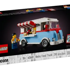 Enjoy a creative project with the LEGO® Icons Retro Food Truck (40681) building set for adults. Take time out to construct this displayable, mid-century fast-food truck, packed with cool details including a food prep area with a cooktop and soda machine. The set also includes vendor and customer minifigures and various accessories including fries, condiments and a hot dog. Open the striped awning, fold down the condiment tray, unload the menu board and you’re ready for business. Fun building set for adults – Enjoy quality time with this LEGO® Icons Retro Food Truck, complete with a detailed food prep area that includes a cooktop and soda machine What’s in the box – All you need to build a mid-century fast-food truck with an awning, menu board, fold-down condiment tray, 2 minifigures and food accessories including fries and a hot dog Features and Functions – Open the awning, fold down the condiment tray, fold out the menu board and remove the roof to access the truck’s detailed interior Build and display – Experience the joy of a rewarding solo building project or build the LEGO® Icons Retro Food Truck together with family or friends before displaying it for all to enjoy A LEGO® gift idea for adults – Give this Retro Food Truck construction set as a birthday, holiday or any-day gift for fans of iconic vehicles and LEGO building The food truck in this 309-piece building set measures over 2.5 in. (7 cm) high, 5 in. (13 cm) long and 2.5 in. (6 cm) wide