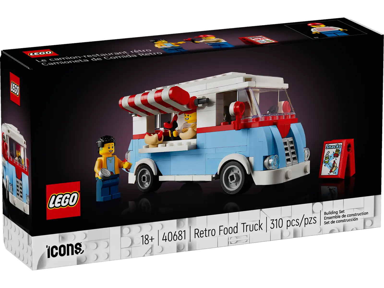 Enjoy a creative project with the LEGO® Icons Retro Food Truck (40681) building set for adults. Take time out to construct this displayable, mid-century fast-food truck, packed with cool details including a food prep area with a cooktop and soda machine. The set also includes vendor and customer minifigures and various accessories including fries, condiments and a hot dog. Open the striped awning, fold down the condiment tray, unload the menu board and you’re ready for business. Fun building set for adults – Enjoy quality time with this LEGO® Icons Retro Food Truck, complete with a detailed food prep area that includes a cooktop and soda machine What’s in the box – All you need to build a mid-century fast-food truck with an awning, menu board, fold-down condiment tray, 2 minifigures and food accessories including fries and a hot dog Features and Functions – Open the awning, fold down the condiment tray, fold out the menu board and remove the roof to access the truck’s detailed interior Build and display – Experience the joy of a rewarding solo building project or build the LEGO® Icons Retro Food Truck together with family or friends before displaying it for all to enjoy A LEGO® gift idea for adults – Give this Retro Food Truck construction set as a birthday, holiday or any-day gift for fans of iconic vehicles and LEGO building The food truck in this 309-piece building set measures over 2.5 in. (7 cm) high, 5 in. (13 cm) long and 2.5 in. (6 cm) wide