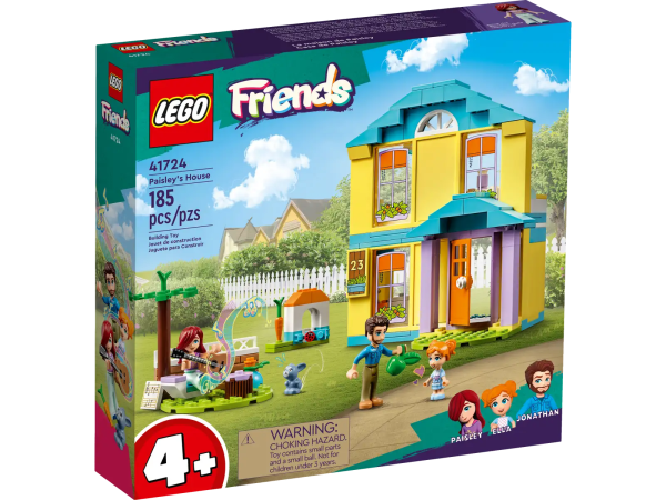 Young builders aged 4+ have lots to discover in this LEGO® Friends Paisley’s House (41724) set. The top floor includes a bedroom and bathroom and can be removed, making it easy to explore the kitchen below. There are accessories for role play, including snacks and fruit to eat at the outdoor table, plus a can for recycling. In the yard, there is a cozy corner where Paisley plays the guitar and writes music while keeping her pet bunny company. There’s even a carrot for the rabbit to snack on. Encourage young builders LEGO sets for ages 4+ come with a helpful Starter Brick – a sturdy base that offers a quick and fun building experience. Let the LEGO Builder app guide you and your child on an easy and intuitive building adventure. Zoom in and rotate models in 3D, save sets and track your progress. Welcome to the next generation of Heartlake City Kids make friends and discover exciting locations in the LEGO Friends universe, where they can enjoy creative play and act out real-lifeadventures. Paisley’s House toy set for kids aged 4+ – Introduce kids who love imaginative role play to the world of LEGO® building with this LEGO Friends Paisley’s House (41724) playset with removable top floor Includes 3 mini-dolls – Comes with characters Paisley, Ella and Jonathan, plus a pet bunny character with its own small house, and accessories including a brush, guitar, kitchenware, food, and more A house packed with friendship – This 2-story LEGO® Friends house features a kitchen, bedroom, bathroom, outdoor dining area, plus a cozy corner outdoor area where shy Paisley loves to relax A treat for kids – This LEGO® Friends toy set makes a fun reward or gift for kids aged 4 and up who love imaginative play Sized for play – This LEGO® Friends Paisley’s House toy measures over 6 in. (16 cm) high, 5 in. (13 cm) wide and 5 in. (12 cm) deep Intuitive instructions – The LEGO® Builder app guides you and your child on an intuitive building adventure with tools that let you zoom inand rotate models in 3D, save sets and track progress A new generation of Heartlake City – In January 2023, the LEGO® Friends universe expanded to introduce new characters and new locations to inspire even more role-play adventures A quality product – All LEGO® components meet strict industry standards to ensure they are consistent, compatible and easy to build with Safety first – LEGO® Friends bricks and pieces are dropped, heated, crushed, twisted and analyzed to make sure they meet stringent global safety standards