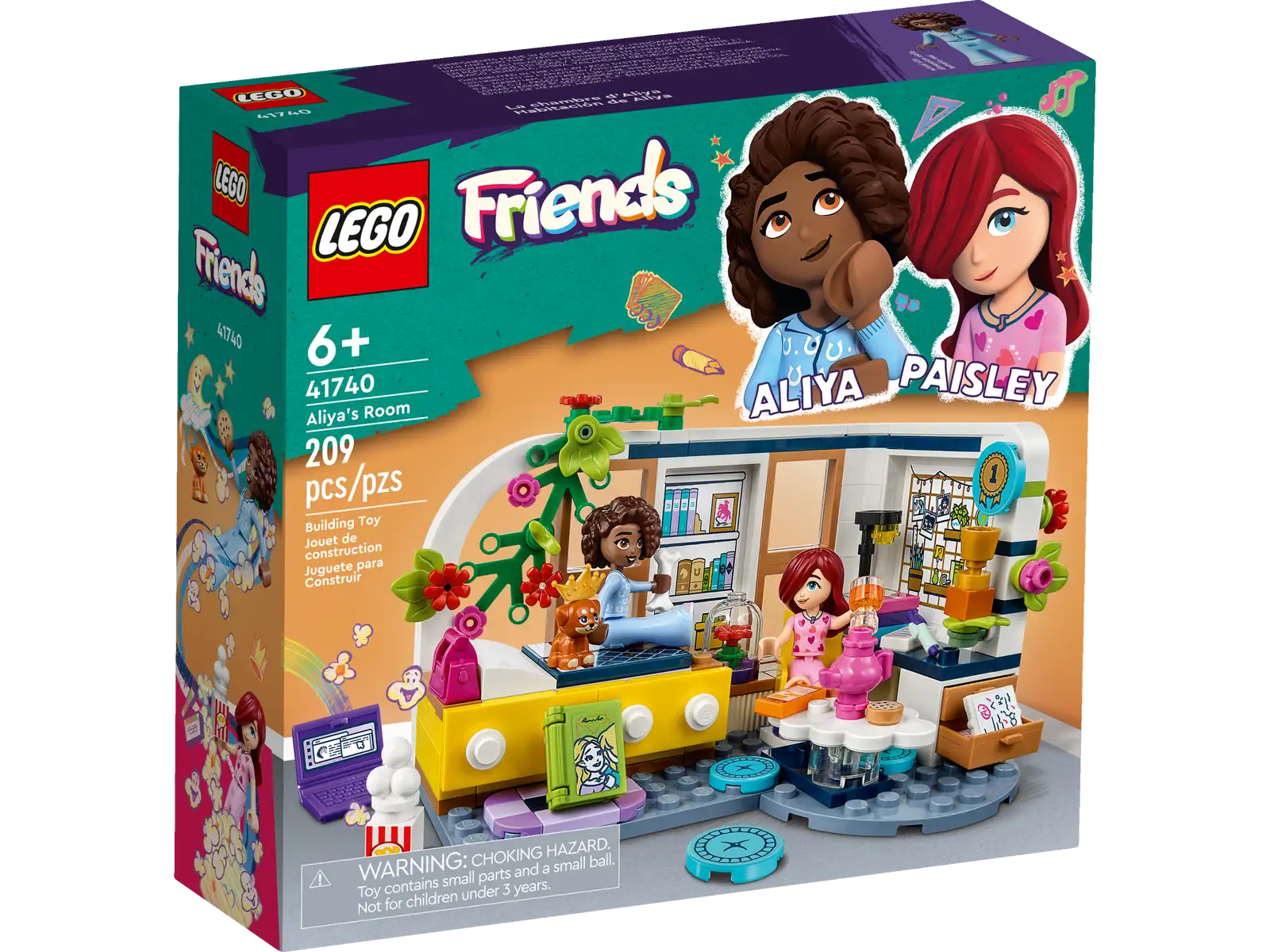 Kids aged 6+ can create their own fun stories with this LEGO® Friends Aliya's Room (41740) building set. There's lots to explore as Paisley and Aliya write stories together before their sleepover. The room reflects Aliya's studious nature with accessories including school papers, a swivel chair, laptop, book, lamp and a trophy. Kids will love the extra touches like the F-graded school paper that Aliya has hidden at the bottom of her stack of A grades! Perhaps Paisley can help her learn not to be so hard on herself. When it's time to relax, there's a big screen for movies and dog toy accessories for playtimes with Aliya's puppy. Instructions for young builders Kids can enjoy an easy and intuitive building adventure with the LEGO Builder app. Here they can zoom in and rotate models in 3D, save sets and track their progress. A new generation of Heartlake City Kids can make friends, discover exciting locations and act out real-life adventures in the LEGO Friends universe. Bedroom playset for creative fun – Kids aged 6+ can create their own fun stories with this LEGO® Friends Aliya's Room (41740) building toy set Includes 2 mini-dolls – The toy set comes with LEGO® Friends mini-dolls Aliya and Paisley plus an Aira the dog character Feed their imagination – This set is made for play and kids can invent endless sleepover stories inspired by hardworking Aliya and her friendship with shy Paisley Lots of accessories – The set includes a swivel chair, desk, movie screen, 2 beds and lots of accessories including school papers, dog toys, a laptop, book, phone, lamp and a trophy A gift idea for kids – This LEGO® Friends toy set makes a fun gift to delight kids who love to create their own stories Made for play – This toy measures over 3 in. (8 cm) high, 5 in. (13 cm) wide and 3.5 in. (10 cm) deep A helping hand – Discover intuitive building instructions in the LEGO® Builder app where you can zoom in and rotate models in 3D, track progress andsave sets as your child develops new skills A new generation of Heartlake City – In January 2023, the LEGO® Friends universe expanded to introduce new characters and new locations to inspire more role-play adventures Designed for quality – All LEGO® components meet strict industry standards to ensure they are consistent, compatible and easy to build with A safe choice – LEGO® Friends bricks and pieces are dropped, heated, crushed, twisted and analyzed to make sure they meet stringent global safety standards