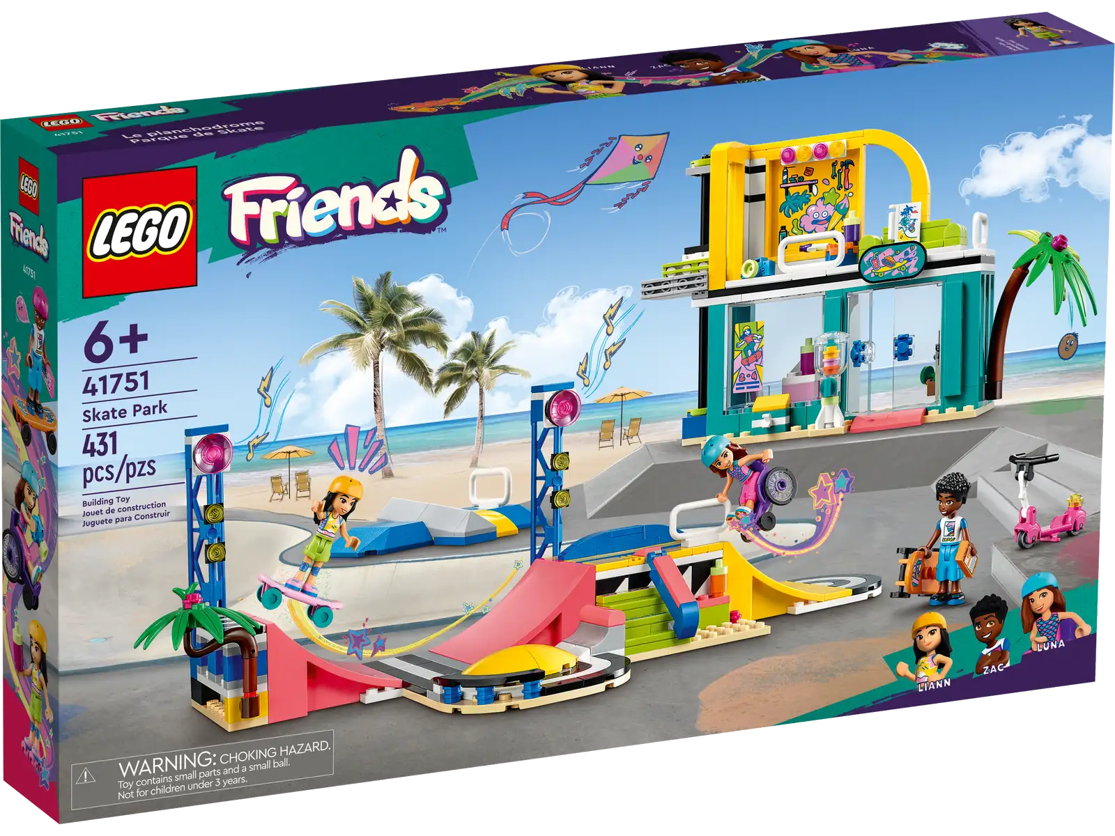 Inspire kids’ creativity and appeal to their sense of adventure with this LEGO® Friends Skate Park (41751) for ages 6 and up. They’ll love meeting the characters and seeing the different ways each one challenges themself at the skate park. Kids can use the ramps and rails to make the characters perform cool tricks. Then they can continue the story with a visit to the park building where there’s a workshop for fixing wheels. There’s an elevator to take the characters to the chill-out area where they can relax. This cool toy is ideal for showing kids how the power of friendship can give you the confidence to try new things. Meet the LEGO Builder app Give your youngster an easy and intuitive building adventure with the LEGO Builder app. Here they can zoom in and rotate models in 3D, save sets and track their progress. Welcome to the next generation of Heartlake City Kids can make friends, discover exciting locations and act out real-life adventures in the LEGO Friends universe. Toy skateboard park for kids aged 6+ – Give kids who love skate parks and outdoor play a fun project as they build and play with this LEGO® Friends Skate Park (41751) 3 mini-dolls and accessories – The set comes with LEGO® Friends characters Liann, Zac and Luna, ramps, rails, in-line skates, a skateboard, scooter, Luna’s wheelchair and helmets for each character Explore the park building – After enjoying a session on the ramps and rails, kids can explore the park building with its elevator, workshop and relaxation area Accessories to encourage creative storytelling – Comes with ramps, rails, in-line skates, a skateboard, scooter and a gumball machine A gift for kids who love skateboarding – This LEGO® Friends toy set makes a fun birthday, holiday or any-other-day gift for kids aged 6 and up who would love to build a Skate Park Dimensions – The skate ramp measures over 4.5 in. (11 cm) high, 12.5 in. (32 cm) wide and 6 in. (16 cm) deep A helping hand – Discover intuitive building instructions in the LEGO® Builder app, where kids can zoom in and rotate models in 3D, track progress and save sets as they develop new skills A new generation of Heartlake City – In January 2023, the LEGO® Friends universe expanded to introduce new characters and new locations to inspire more role-play adventures A quality product – All LEGO® components meet strict industry standards to ensure they are consistent, compatible and easy to build with: it’s been that way since 1958 Safety first – LEGO® Friends bricks and pieces are dropped, heated, crushed, twisted and analyzed to make sure they meet stringent global safety standards