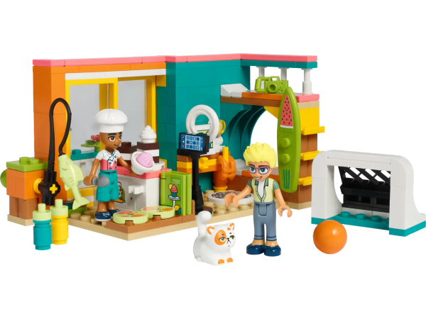 Whether they love baking, creative play or both, kids aged 6+ have lots to discover in this LEGO® Friends Leo's Room (41754) building toy set. Leo has made a studio in his bedroom to film content for his baking channel. Kids will love joining Leo and Olly in their creative pursuits. Olly is an expert in video-making so is the perfect friend to help Leo. There are lots of features and accessories to inspire role play, including a cat toy, cookbook and camera. When filming is done for the day, kids can open the balcony doors so the friends can enjoy seaside views from the beach-themed bedroom. Intuitive building instructions Give your youngster an easy and intuitive building adventure with the LEGO Builder app. Here they can zoom in and rotate models in 3D, save sets and track their progress. A new generation of Heartlake City Kids can make friends, discover exciting locations and act out real-life adventures in the LEGO Friends universe. Leo's Room set for kids aged 6+ – Kids can enjoy hours of creative storytelling with this playset (41754) that features Leo's Harmony Beach bedroom Includes 2 mini-dolls – The toy set comes with LEGO® Friends mini-dolls Leo and Olly plus a Churro the cat character Beach-themed details – Leo's house is located by Harmony Beach in Heartlake City, so there are fun beach-themed accessories to spot throughout the bedroom decor A gift for kids – Looking for a toy or treat for a child aged 6 or up? This LEGO® Friends toy set makes a fun birthday, holiday or any-day gift for kids who love creative play Dimensions – This LEGO® Friends set measures over 2.5 in. (7 cm) high, 5.5 in. (14 cm) wide and 3.5 in. (10 cm) deep A helping hand – Discover intuitive building instructions in the LEGO® Builder app where you can zoom in and rotate models in 3D, track progress and save sets as your child develops new skills A new generation of Heartlake City – In January 2023, the LEGO® Friends universe expanded to introduce new characters and new locations to inspire more role-play adventures Uncompromising quality – All LEGO® components meet strict industry standards to ensure they are consistent, compatible and easy to build with Safety comes first – LEGO® Friends bricks and pieces are dropped, heated, crushed, twisted and analyzed to make sure they meet stringent global safety standards