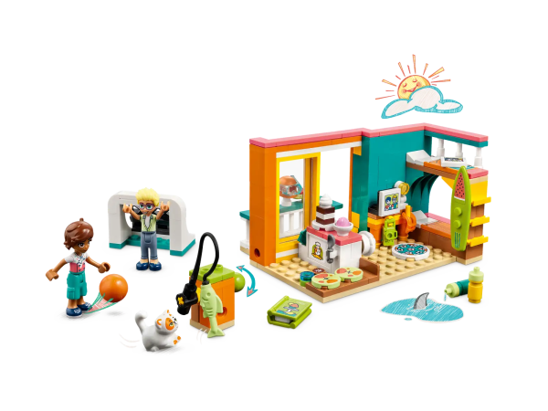 Whether they love baking, creative play or both, kids aged 6+ have lots to discover in this LEGO® Friends Leo's Room (41754) building toy set. Leo has made a studio in his bedroom to film content for his baking channel. Kids will love joining Leo and Olly in their creative pursuits. Olly is an expert in video-making so is the perfect friend to help Leo. There are lots of features and accessories to inspire role play, including a cat toy, cookbook and camera. When filming is done for the day, kids can open the balcony doors so the friends can enjoy seaside views from the beach-themed bedroom. Intuitive building instructions Give your youngster an easy and intuitive building adventure with the LEGO Builder app. Here they can zoom in and rotate models in 3D, save sets and track their progress. A new generation of Heartlake City Kids can make friends, discover exciting locations and act out real-life adventures in the LEGO Friends universe. Leo's Room set for kids aged 6+ – Kids can enjoy hours of creative storytelling with this playset (41754) that features Leo's Harmony Beach bedroom Includes 2 mini-dolls – The toy set comes with LEGO® Friends mini-dolls Leo and Olly plus a Churro the cat character Beach-themed details – Leo's house is located by Harmony Beach in Heartlake City, so there are fun beach-themed accessories to spot throughout the bedroom decor A gift for kids – Looking for a toy or treat for a child aged 6 or up? This LEGO® Friends toy set makes a fun birthday, holiday or any-day gift for kids who love creative play Dimensions – This LEGO® Friends set measures over 2.5 in. (7 cm) high, 5.5 in. (14 cm) wide and 3.5 in. (10 cm) deep A helping hand – Discover intuitive building instructions in the LEGO® Builder app where you can zoom in and rotate models in 3D, track progress and save sets as your child develops new skills A new generation of Heartlake City – In January 2023, the LEGO® Friends universe expanded to introduce new characters and new locations to inspire more role-play adventures Uncompromising quality – All LEGO® components meet strict industry standards to ensure they are consistent, compatible and easy to build with Safety comes first – LEGO® Friends bricks and pieces are dropped, heated, crushed, twisted and analyzed to make sure they meet stringent global safety standards