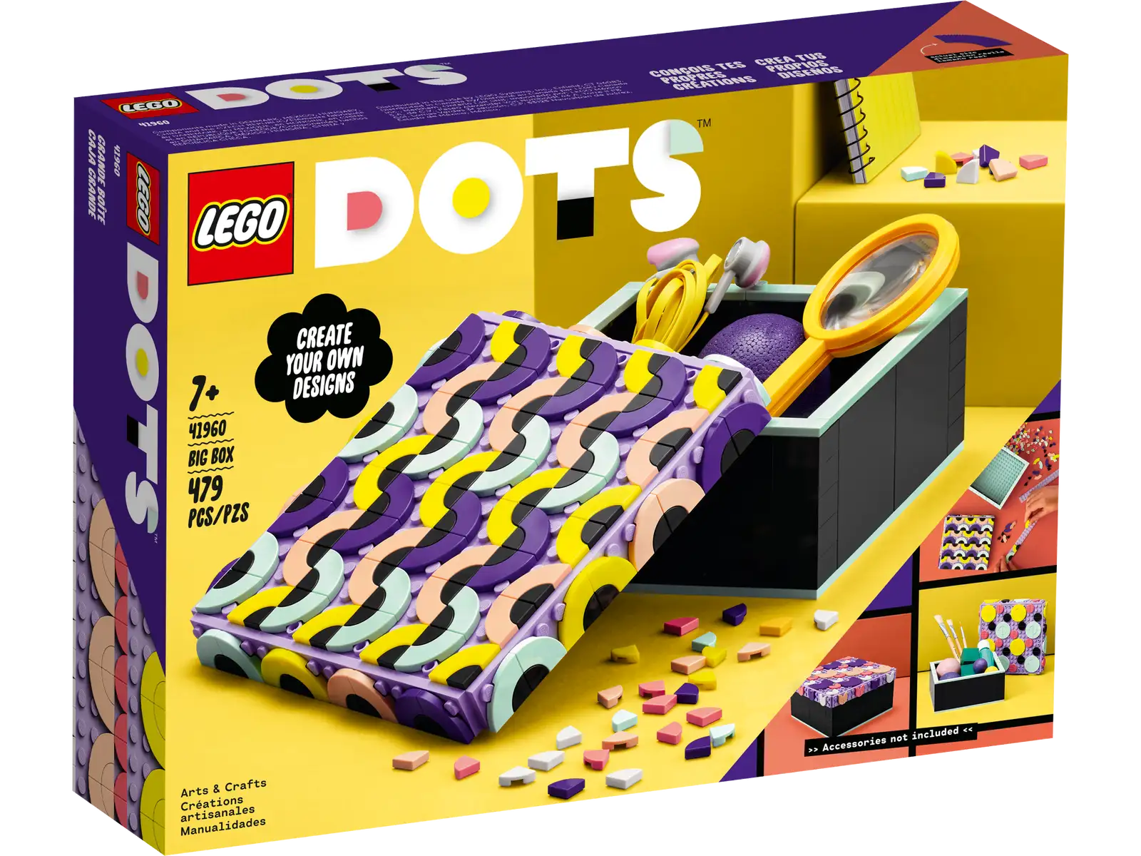 Looking for a fun, useful arts-and-crafts gift for ages 6 and up? Make any kid or crafts fan happy with this creative LEGO® DOTS Big Box (41960) kit! The set features a large black box and a removable lid, plus lots of bright neon-colored and toned-down pastel tiles for decorating. Assembly is an easy and intuitive process. Kids can put the box and lid together and then create endless designs on the top and sides of the lid to make it uniquely theirs. When they’re done decorating, they can store their treasures safely inside, add the lid and show off their stylish designs. Creative DIY storage DOTS sets introduce kids to the joy of LEGO play and creativity as they make and decorate the different sets. Anything goes with this clever storage box because the magic and control lie in a child’s imagination. DOTS sets are packed with possibilities to inspire imaginative play for creative kids. Make it, design it, use it – Surprise any kid or arts-and-crafts fan with this LEGO® DOTS Big Box (41960) craft kit. The creative fun begins when they open the package and start making the box Endless design possibilities – Kids can boost their imagination and creative skills as they play with a kit featuring a box and a removable, design-ready, black lid, plus neon and pastel tiles Creativity in a kit – This set works on its own for quick, imaginative originality. Kids can also use anyof the LEGO® DOTS Extra DOTS bags or boxes (sold separately) to expand their designs Arts-and-crafts treat for ages 6+ – Any creative DIY fan will love this customizable kit. The storage box, removable lid and colorful tiles will make a fun gift for kids with a passion for crafts Room for treasures – the box measures over 5.5 in. (14 cm) square and over 2.5 in. (7 cm) high, so there’s lots of storage space inside and room on the lid for kids to get creative Decorating starts quickly – Easy-to-follow inspiration in the packaging makes creating a snap, with tiles in pastel and neon colors so kids can really show off their passion for design Design confidence and freedom – This LEGO® DOTS kit represents open creativity. The easy-to-assemble box and lid offer endless chances to build children’s ingenuity and poise through fun Unlimited play and self-expression – LEGO® DOTS sets give kids the joy of LEGO play through creating and personalizing their own jewelry or room decoritems Uncompromising quality – Ever since 1958, LEGO® components have met stringent industry standards to ensure they connect consistently Safety first – LEGO® components are dropped, heated, crushed, twisted and analyzed to make sure this LEGO DOTS Big Box set meets rigorous global safety standards