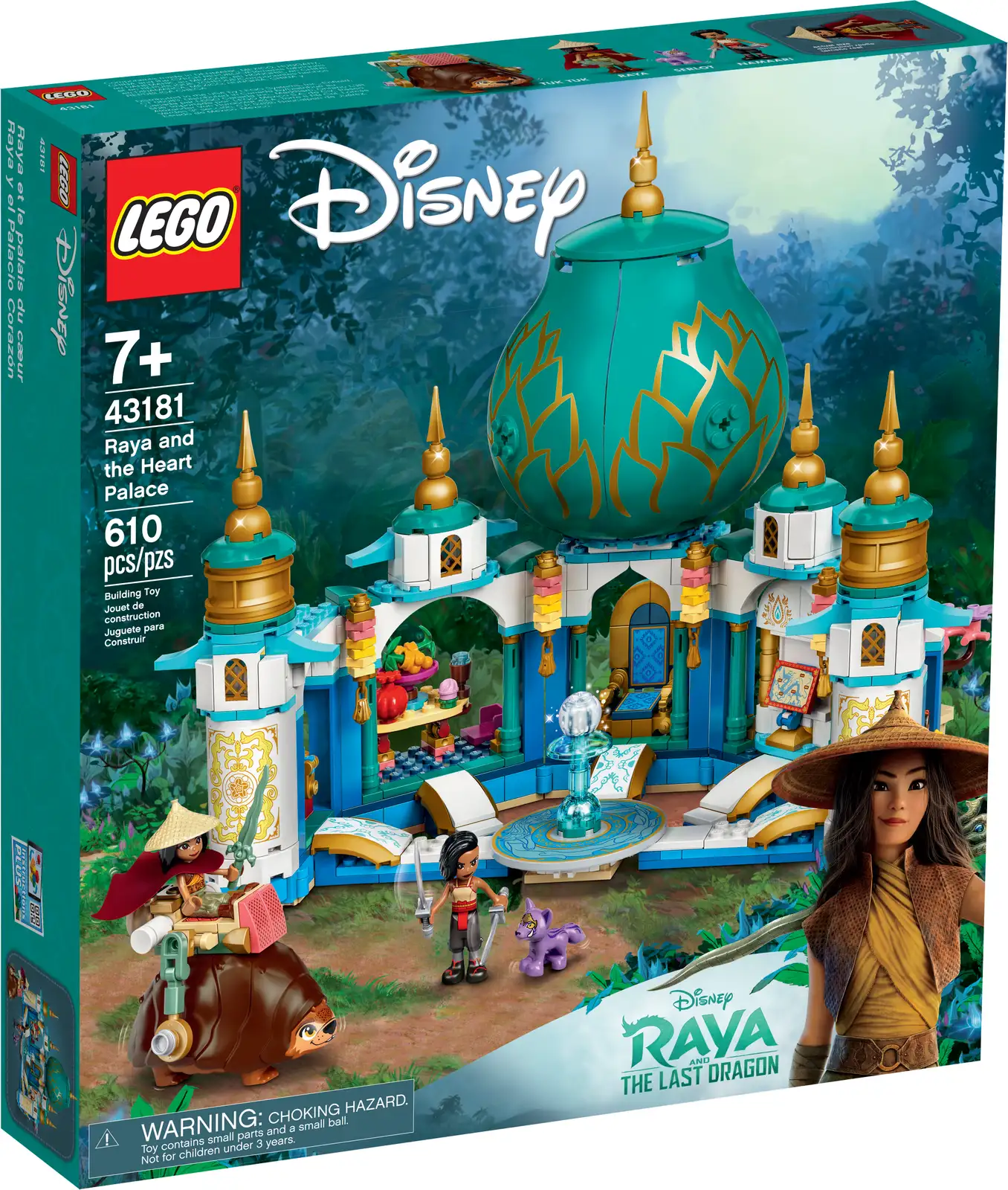 Adventure awaits Disney fans with this LEGO® ǀ Disney Raya and the Heart Palace (43181) set. The set comes with printed building instructions and digital Instructions PLUS! Using the LEGO Building Instructions app, the guided, real-life building process leaves even younger builders feeling like real master builders… awesome! Appealing building details The buildable palace has 6 different rooms to explore, including a throne room, treasure room and a hidden room behind a revolving wall. The 2 side towers open and can hold Raya’s and Namaari’s weapons. The central tower opens to reveal a bedroom, with portraits of Raya’s friends. Exciting adventures Kids can dive into playing with 2 mini-doll figures from Disney’s Raya and the Last Dragon – Raya and Namaari – plus Tuk Tuk and Namaari’s Serlot LEGO figures. The set makes a unique holiday gift and can be combined with LEGO ǀ Disney Raya and Sisu Dragon (43184) to create an ultimate Heart Palace construction toy set for the best role-play fun. Surprise a great kid with this different and unique LEGO® ǀ Disney Raya and the Heart Palace (43181) set. Packed with features and accessories, this fun set inspires imaginative role play. This set, based on the new movie Disney’s Raya and the Last Dragon, has a palace with 6 rooms and 2 towers, Raya and Namaari mini-doll figures, plus Tuk Tuk and Namaari’s Serlot LEGO® figures. The palace has a revolving wall with a secret room, a large treasure chest and opening central and side towers. Combine with the LEGO® ǀ Disney Raya and Sisu Dragon (43184) set for a real wow factor. Disney’s Raya and the Last Dragon fans will adore this buildable toy with its details and fun accessories. The functions and story starters help make this a great on-trend gift for children aged 7+. A buildable toy model full of details. The palace measures over 9.5 in. (24 cm) high, 11 in. (28 cm) wide and 6 in. (16 cm) deep and is designed to be built and played with alone or with friends. The set is great for play and will look good on display. Kids can build the set, take a picture and then share their very first LEGO® ǀ Disney Raya and the Last Dragon Heart Palace with friends! Printed building instructions are great, but digital Instructions PLUS are AWESOME! Using the LEGO® Building Instructions app, even younger builders can zoom in on and visualize models as they build. Immerse kids in the fantasy and adventure of Disney’s Raya and the Last Dragon with this creative LEGO® ǀ Disney set. Children can play out exciting adventures with Disney’s Raya and her friends! LEGO® components meet stringent industry standards to ensure they are consistent, compatible and connect and pull apart reliably every time – it’s been that way since 1958. LEGO® components are dropped, heated, crushed, twisted and analyzed to make sure they meet strict global safety standards.