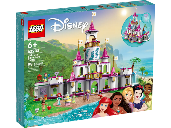 Kids and Disney fans aged 6+ enjoy unlimited play possibilities in this LEGO® ǀ Disney Princess™ Ultimate Adventure Castle (43205) set, featuring a buildable toy castle, 5 mini-doll figures and 5 LEGO animal figures, plus interactive digital building instructions to make the building extra fun. Available in the free LEGO Building Instructions app, the intuitive tools help kids visualize the real model as they build. Ultimate castle This detailed set boosts children’s confidence as they build it, then sparks imagination and creativity as they role-play stories of their own. This set is designed to be played with solo or as part of a playdate with friends, and it combines with other LEGO ǀ Disney Princess sets (sold separately). Beloved characters and friends This set keeps kids playing for hours with Disney’s Ariel, Moana, Rapunzel, Snow White and Tiana mini-doll figures, plus Marcel, Pascal, Pua, Sebastian and a bird LEGO animal figures. It’s an impressive gift for any Disney Princess fan. Creative play – Give any Disney fan aged 6+ a gift full of features, rooms, functions and accessories to drive role play in this fun LEGO® ǀ Disney Princess™ Ultimate Adventure Castle (43205) set What’s in the box? – This 698-piece set features an opening, lockable castle with 4 levels, 5 bedrooms, a celebration cake, an animal playground and a key, plus accessories to spark endless adventures Iconic characters – Featuring Disney’s Ariel, Moana, Rapunzel, Snow White and Tiana mini-doll figures, plus 5 LEGO® animal figures, this set is designed for endless imaginative adventures Gift for ages 6+ – Kids will love this castle set full of play possibilities. With many rooms and areas to explore, this buildable toy will wow any Disney Princess fan Details to spark play – This set is designed for extended play sessions. The open castle measures over 14 in. (36 cm) high, 21 in. (53 cm) wide and 3.5 in. (9 cm) deep and looks great on display Interactive digital building – Using the LEGO® Building Instructions app, builders can zoom, rotate and visualize a digital version of their model as they build Boost life skills – With a detailed castle build and mini-doll figures, this Disney Princess construction set encourages open creative play that helps boost important life skills with fun Uncompromising quality – Ever since 1958, LEGO® components have met stringent industry standards to ensure they connect consistently Safety first – LEGO® components are dropped, heated, crushed, twisted and analyzed to make sure this LEGO ǀ Disney Princess™ set meets rigorous global safety standards