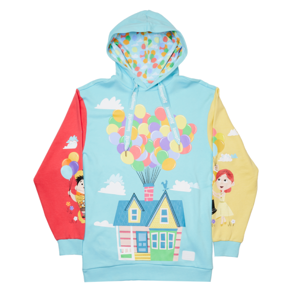 Up, up, and away! Let your adventures take flight with the Loungefly Disney-Pixar Up 15th Anniversary Unisex Hoodie. On the front, Carl and Ellie’s house floats through the sky with the help of colorful balloons. Pockets appear on each side of the sweatshirt, giving you space to store your belongings. On one sleeve, a young Carl and Ellie drift on a bouquet of balloons. On the other, Carl stands with Russel and Dug. Extra-large drawcords cinch together the hood, which features an all-over printed lining of clouds and balloons. This comfortable hoodie makes a heartwarming addition to any outfit and will keep you looking stylish on all your travels. The Loungefly Disney-Pixar Up 15th Anniversary Unisex Hoodie is made of French Terry cotton (60% cotton, 40% polyester). Extra-large lanyard-style drawcords add versatility in wear and fit and are perfect for displaying your favorite pins. Cuffs and waistband are 95% cotton and 5% spandex. This hoodie is an officially licensed Disney-Pixar product. Comes in unisex sizes S through 3X.