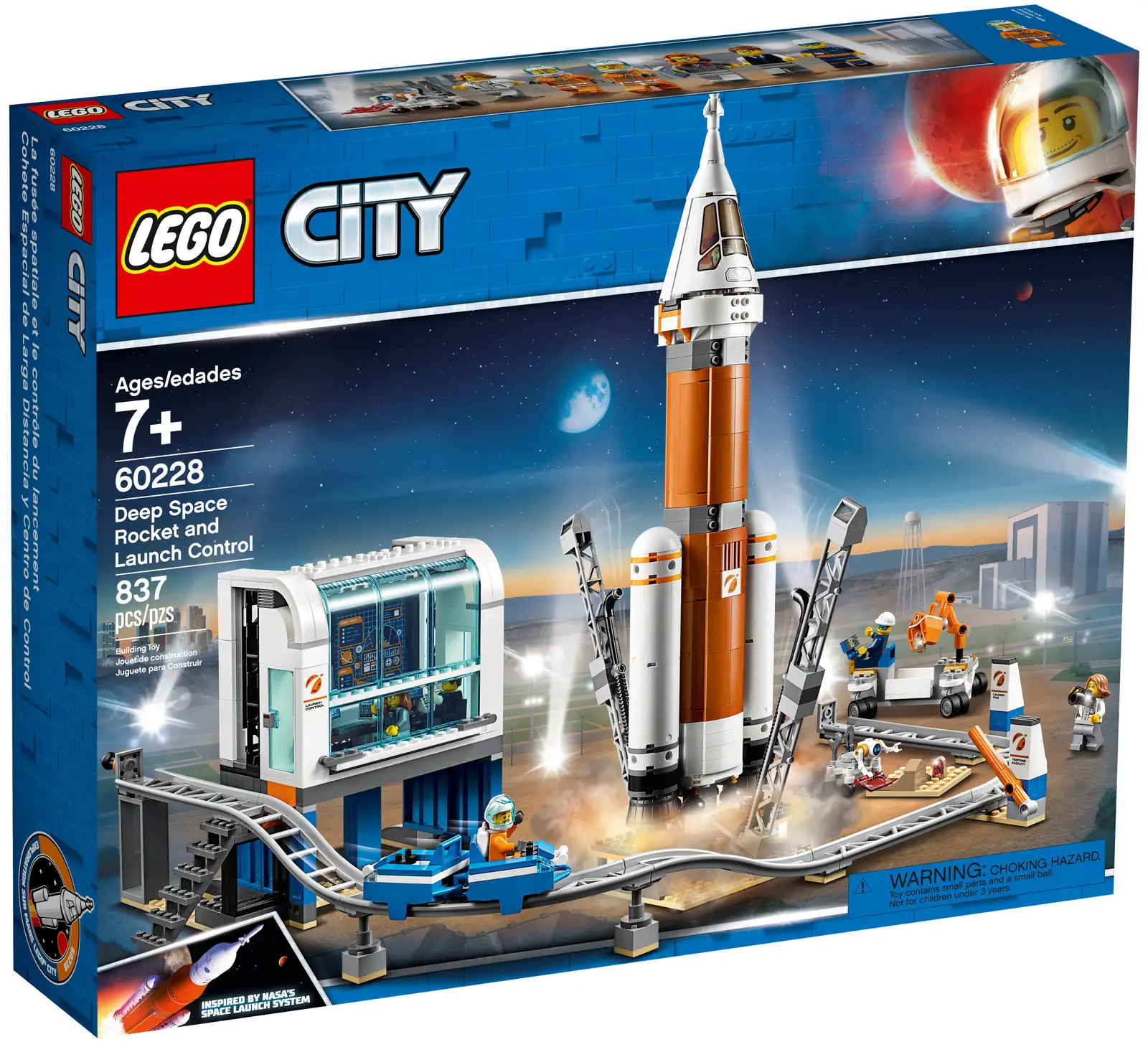 You were born to explore the universe! Build and inspire the next generation of astronauts with LEGO® Space rockets and vehicles – Let’s Go! Give young space adventurers a treat with a NASA-inspired toy rocket launch set. This awesome LEGO® City 60228 Deep Space Rocket and Launch Control kids’ toy features a modular, multi-stage rocket with cockpit, booster and payload storage modules, and a monorail system with stops at the rocket, research area with geode retrieval training and launch control tower. There’s also a launchpad with opening tower arms, rover with articulated, new-for-June-2019 grappling arm and launch control tower with detachable window section, fold-out function and a countdown function. Kids can use a mobile device as a screen for interactive play opportunities with the City Explorers app. Give any LEGO builder an amazing building experience with Instructions PLUS, available in the LEGO Life app for smartphones and tablets. Includes 6 LEGO® City minifigures: 2 astronauts, 2 scientists, Launch Director and a ground crew technician, plus a robot figure. Features a modular, multi-stage NASA-inspired rocket that can be customized in different ways with the booster, payload storage and 2-minifigure cockpit modules, rover with articulated, new-for-June-2019 grappling arm, space telescope with folding solar panels and magnifying glass, plus a monorail system with multi-stop track and 2 cars. The detailed toy playset includes an opening launch control tower with removable window, 2 desks with small screens, large screens for countdown and monitoring of the telescope and space to insert a mobile device, as well as a launchpad with opening tower arms to launch the rocket, plus a ground research area with a tile with secret symbol Accessory elements include 2 new-for-June-2019 geodes, 2 helmets with blue visors, a magnifying glass, scanner element, tile with secret symbol, circular saw, wrench, cell phone, 4 water elements and a camera, plus a brick separator. Lower the gates to stop the monorail cars along the route and help climb aboard or exit a car. Aim the robot’s scanner over the tile in the research area to see the secret symbol. Set a mobile device into the launch control tower to experience the interactive play options available when connected to the LEGO® City Explorers app. Drop the tower arms on the launchpad to launch the rocket and head to space. Use the LEGO® Life app to access the intuitive Instructions PLUS building instructions. Help even younger builders through the building process, with easy-to-use zoom, rotate and ghost-mode functions to visualize their creations as they go. Download the LEGO® Life app at the iOS or Android app store. Ask your parents’ permission before going online. Rocket standing measures over 16” (42cm) high, 4” (11cm) wide and 2” (6cm) deep. Space telescope with wings closed measures over 3” (9cm) long and 1 (3cm) wide. Rover with arm retracted measures over 1” (5cm) high, 3” (9cm) long and 2” (7cm) wide. Launch Control closed measures over 7” (18cm) high, 5” (13cm) wide and 5” (13cm) deep. Launchpad with closed tower arms measures over 9” (24cm) high, 4” (12cm) wide and 4” (12cm) deep. Monorail measures over 1” (3cm) high, 3” (10cm) long and 1” (3cm) wide. Monorail track measures over 3” (8cm) high,14” (36 cm) deep and 18” (47cm) wide.