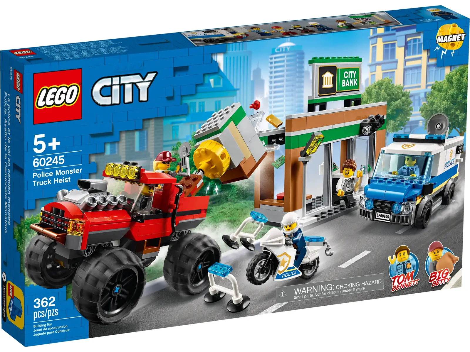 Mini action heroes and fans of the awesome LEGO® City TV series will love this LEGO City Police Monster Truck Heist (60245) action set, featuring police hero Tom Bennett and notorious crook Big Betty. The easy-to-follow building guide ensures that even budding LEGO builders can enjoy an immersive build-and-play experience. Kids' toy with lots of cool features If you're looking for feature-packed action toys that kids will love, this playset has it all. With 5 minifigures, a bank-busting monster truck toy armed with a huge magnet, a bank building with a magnetic safe and a police surveillance truck and motorcycle – the scene is set for action-packed fun. Building sets for kids Children love the open-ended role-play opportunities that LEGO City police sets provide. With a wide selection of realistic vehicles, detailed buildings and fun characters, kids can create realistic scenarios that depict real city life in a fun and imaginative way. Bring LEGO® City action home with this multi-model LEGO City police (60245) building set, featuring a crooks’ monster truck with a magnetic lifting arm, 2 LEGO City TV series characters and much more. Building set for kids featuring a crooks’ monster truck with magnetic arm, a toy bank building with magnetic safe, a police surveillance van and motorbike, plus police hero Tom Bennett and crook Big Betty minifigures. The police surveillance van and bank building have detailed interiors, and kids can pull the safe from the bank wall with the monster truck’s magnetic arm. This set can be combined with other original LEGO® sets. Ideal for children aged 5 and up, this set requires only basic building skills. It makes a great Christmas, birthday or any-other-day gift for kids who love action toys and for fans of the LEGO® City TV series. When built, the monster truck measures over 3" (8cm) high, 6" (17cm) long and 3" (9cm) wide, while the police surveillance van measures over 3" (8cm) high, 4" (12cm) long and 2" (6cm) wide. You’re in luck! No batteries required – the vehicles in this LEGO® City police playset are powered by small kids with big imaginations, so the play can start right away. It’s easy to get started with this LEGO® toy. Inside the box you'll find easy-to-follow building instructions – so simply tear open the brick bags and let the fun begin! LEGO® City police playsets feature realistic toy buildings, cool vehicles and fun characters that inspire open-ended creative play, while helping youngsters improve physical skills and grow confidence. LEGO® building sets meet the highest industry standards to ensure that LEGO City playsets are consistent and compatible, and that all LEGO pieces easily connect and pull apart – every time. At The LEGO Group, we put all LEGO® pieces through rigorous tests to ensure every one of our toy playsets meets the highest global safety and quality standards.