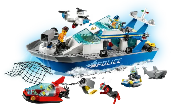 This floating LEGO® City Police Patrol Boat (60277) toy is packed with impressive features, including a detailed control station and surveillance drone. Kids can flick a lever to release the diver and scuba scooter and fire the net shooter to entangle the crooks' minisub. With 5 minifigures, including Gracie Goodhart, Frankie Lupelli and Hacksaw Hank from the LEGO City Adventures TV series, onboard, there's plenty of inspiration for creative role play. Fun and easy to build Includes an easy-to-follow building guide and Instructions PLUS – part of the free LEGO Building Instructions app for smartphones and tablets. This interactive construction guide, with zoom and rotate viewing tools, quickly helps budding LEGO builders become master builders! Cool toys for kids LEGO City police playsets deliver exciting play scenarios that depict real life in a fun and imaginative way, with realistic vehicles and inspiring characters that kids love. Kids can play out scenes from the LEGO® City Adventures TV series with this floating police patrol boat toy. It’s packed with cool features and comes with fun LEGO City TV minifigure characters. What’s in the box? All kids need to build a floating toy police boat with a cool control station and prison hold, plus a drone, scuba scooter, minisub, LEGO® City TV characters and a toy shark figure. Kids can sail the toy boat on water, fire the net shooter to entangle the crooks, flick a leverto launch the scuba scooter and create stories featuring the included LEGO® City TV characters. This LEGO® City Police Patrol Boat (60277) playset makes a great Christmas, birthday or any-other-day gift for kids aged 5 and up. Requires only very basic building skills. The police patrol boat toy measures over 5 in. (13 cm) high, 13 in. (33 cm) long and 5 in. (12 cm) wide. LEGO® accessories include a bank safe with gold bar elements and equipment for the police diver minifigure. Includes a printed construction guide and Instructions PLUS – an interactive guide for budding builders. Part of the free LEGO® Building Instructions app, available for smartphones and tablets. LEGO® City police sets inspire open-ended creativity with feature-rich buildings, cool vehicles and fun characters, helping youngsters develop physical skills and confidence as they build and play. All LEGO® bricks and pieces are produced according to strict industry quality standards to ensure they are consistent, compatible and fun to build with – it’s been that way since 1958. LEGO® City building toys are thoroughly tested to ensure every playset meets strict safety standards.