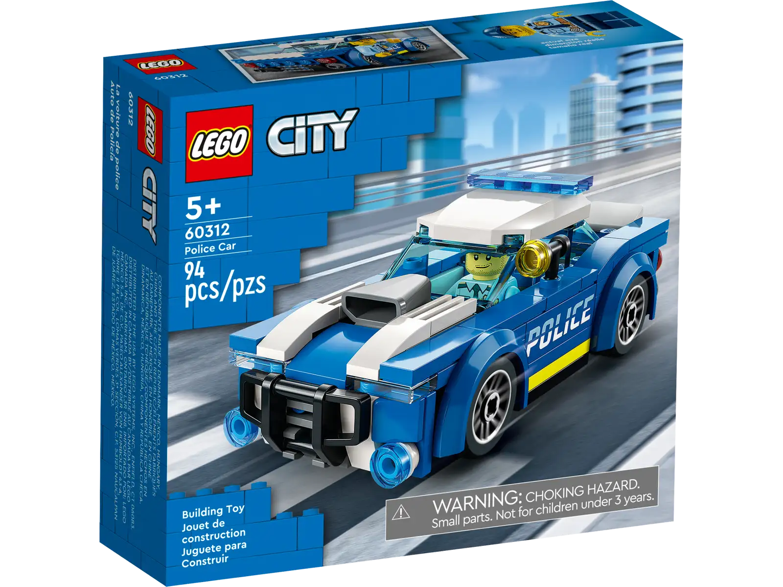 Introduce kids to a world of fun and excitement with this LEGO® City Police Car (60312) playset, featuring a sporty toy police patrol car with cool rims, wide fenders and ground-gripping tires. Just add the police officer minifigure, complete with a toy flashlight and police cap, for hours of imaginative crook-chasing action! LEGO building toy for kids aged 5 and up This set includes a step-by-step pictorial building guide and interactive digital building instructions. Available in the freeLEGO Building Instructions app for smartphones and tablets, the intuitive digital guide comes with amazing zoom and rotate tools that allow kids to visualize models from all angles as they build. Welcome to a world of imagination LEGO City Police playsets put kids at the heart of the action with cool toys that shift imaginative play up a gear. Children get to explore the world through play scenarios that depict real life in a fun and exciting way. Toy police car for kids aged 5 and up – Move creative play up a gear with this LEGO® City Police Car (60312) build-and-play set What’s in the box? – Everything kids need to build a toy police car with room behind the wheel for the included police officer minifigure Building toy for imaginative play – Kids get to explore the toy Police Car as they build, before popping the police officer behind the wheel and setting out on crook-chasing adventures A fun anytime gift – This LEGO® City Police Car toy can be given as a birthday, holiday or any-other-day gift for kids aged 5 and up Play on the go – When built, the toy Police Car measures over 1.5 in. (4 cm) high, 4.5 in. (11 cm) long and 2 in. (5 cm) wide. Perfect for play, wherever kids go Includes LEGO® minifigure accessories – This toy police car playset comes with a toy flashlight and police cap element for the included police officer minifigure Guidance for younger builders – This building set includes a printed pictorial building guide and digital building instructions, available in the LEGO® Building Instructions app Play that’s based on real life – LEGO® City playsets come with buildings, vehicles and characters that inspire imaginative role play based on real-life scenarios Quality assured – All LEGO® components meet stringent industry standards to ensure they are consistent, compatible and fun to build with: it’s been that way since 1958 Safety first – LEGO® components are dropped, heated, crushed, twisted and analyzed to make sure they meet strict global standards for safety