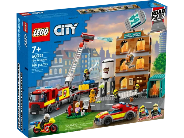 This LEGO® City Fire Brigade (60321) toy playset is packed with inspiration for imaginative play. Designed for ages 7 and up, it includes a 3-level sardine factory with fold-back LEGO flames and a ‘secret sauce’ vat, plus a firetruck and trailer that shoot water elements, a fire motorbike and a fire chief’s pickup. Add the kitten and cat figures and 7 minifigures, including 2 LEGO City TV characters, and let the play begin! Printed and digital building instructions This set includes a printed building guide and interactive digital building instructions. Available in the free LEGO Building Instructions app for smartphones and tablets, the intuitive digital guide comes with amazing zoom and rotate tools that allow kids to visualize each model from all angles as they build. Creative play for kids LEGO City playsets put kids at the heart of the action, with feature-rich buildings, realistic vehicles and exciting characters that inspire imaginative play based on real-life scenarios. Firefighter playset for kids aged 7 and up – Take kids to the heart of the action with this multi-model LEGO® City Fire Brigade (60321) set, complete with 2 LEGO City Adventures TV series characters What’s in the box? – All kids need to build a toy fire truck, trailer, motorbike, fire pickup, sardine factory fire setting and more, plus 7 minifigures, a cat figure and 2 kitten figures Fun functions add to kids' play – Launch LEGO® water elements to knock back the flames, activate a back draft function in the cargo container and spill ‘secret sauce’ elements from the factory vat A gift for any occasion – This LEGO® City toy playset can be given as a birthday, holiday or any-other-day surprise to young LEGO builders and fans of the LEGO City Adventures TV series Dimensions – When built, the sardine factory measures over 12 in. (30 cm) high, 13.5 in. (34 cm) wide and 12.5 in. (32 cm) deep Lots of minifigure accessories – LEGO® accessories include a life net, broom, shovel, fire axe and a fire extinguisher Printed and digital building guides – Kids can zoom, rotate and visualize the finished models as they build with the free LEGO® Building Instructions app for smartphones and tablets Exploring the world through play – LEGO® City playsets nurture kids’ physical skills and confidence through creative play Quality assured – All LEGO® components meet strict industry standards to ensure they are consistent, compatible and fun to build with: it’s been that way since 1958 Putting safety first – LEGO® bricks and pieces are dropped, heated, crushed, twisted and analyzed to make sure they meet stringent global standards for safety