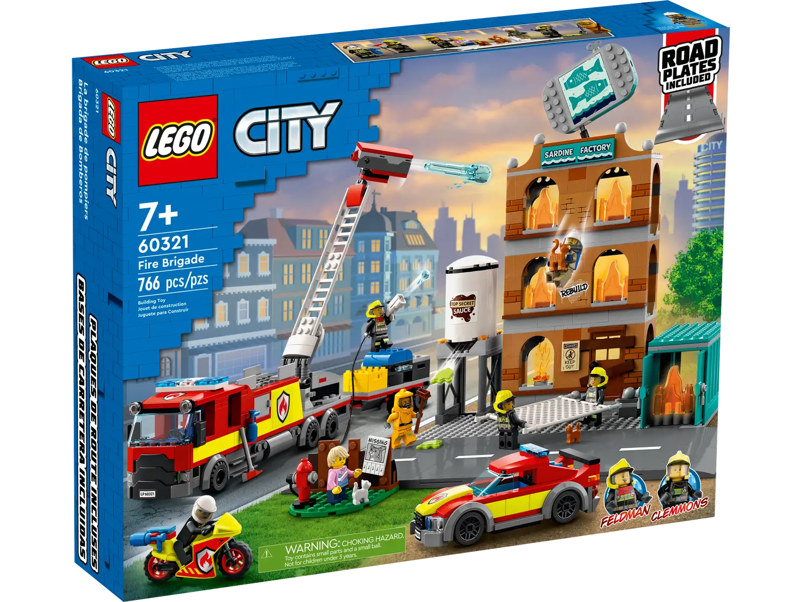 This LEGO® City Fire Brigade (60321) toy playset is packed with inspiration for imaginative play. Designed for ages 7 and up, it includes a 3-level sardine factory with fold-back LEGO flames and a ‘secret sauce’ vat, plus a firetruck and trailer that shoot water elements, a fire motorbike and a fire chief’s pickup. Add the kitten and cat figures and 7 minifigures, including 2 LEGO City TV characters, and let the play begin! Printed and digital building instructions This set includes a printed building guide and interactive digital building instructions. Available in the free LEGO Building Instructions app for smartphones and tablets, the intuitive digital guide comes with amazing zoom and rotate tools that allow kids to visualize each model from all angles as they build. Creative play for kids LEGO City playsets put kids at the heart of the action, with feature-rich buildings, realistic vehicles and exciting characters that inspire imaginative play based on real-life scenarios. Firefighter playset for kids aged 7 and up – Take kids to the heart of the action with this multi-model LEGO® City Fire Brigade (60321) set, complete with 2 LEGO City Adventures TV series characters What’s in the box? – All kids need to build a toy fire truck, trailer, motorbike, fire pickup, sardine factory fire setting and more, plus 7 minifigures, a cat figure and 2 kitten figures Fun functions add to kids' play – Launch LEGO® water elements to knock back the flames, activate a back draft function in the cargo container and spill ‘secret sauce’ elements from the factory vat A gift for any occasion – This LEGO® City toy playset can be given as a birthday, holiday or any-other-day surprise to young LEGO builders and fans of the LEGO City Adventures TV series Dimensions – When built, the sardine factory measures over 12 in. (30 cm) high, 13.5 in. (34 cm) wide and 12.5 in. (32 cm) deep Lots of minifigure accessories – LEGO® accessories include a life net, broom, shovel, fire axe and a fire extinguisher Printed and digital building guides – Kids can zoom, rotate and visualize the finished models as they build with the free LEGO® Building Instructions app for smartphones and tablets Exploring the world through play – LEGO® City playsets nurture kids’ physical skills and confidence through creative play Quality assured – All LEGO® components meet strict industry standards to ensure they are consistent, compatible and fun to build with: it’s been that way since 1958 Putting safety first – LEGO® bricks and pieces are dropped, heated, crushed, twisted and analyzed to make sure they meet stringent global standards for safety