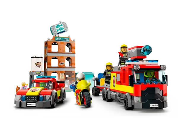 This LEGO® City Fire Brigade (60321) toy playset is packed with inspiration for imaginative play. Designed for ages 7 and up, it includes a 3-level sardine factory with fold-back LEGO flames and a ‘secret sauce’ vat, plus a firetruck and trailer that shoot water elements, a fire motorbike and a fire chief’s pickup. Add the kitten and cat figures and 7 minifigures, including 2 LEGO City TV characters, and let the play begin! Printed and digital building instructions This set includes a printed building guide and interactive digital building instructions. Available in the free LEGO Building Instructions app for smartphones and tablets, the intuitive digital guide comes with amazing zoom and rotate tools that allow kids to visualize each model from all angles as they build. Creative play for kids LEGO City playsets put kids at the heart of the action, with feature-rich buildings, realistic vehicles and exciting characters that inspire imaginative play based on real-life scenarios. Firefighter playset for kids aged 7 and up – Take kids to the heart of the action with this multi-model LEGO® City Fire Brigade (60321) set, complete with 2 LEGO City Adventures TV series characters What’s in the box? – All kids need to build a toy fire truck, trailer, motorbike, fire pickup, sardine factory fire setting and more, plus 7 minifigures, a cat figure and 2 kitten figures Fun functions add to kids' play – Launch LEGO® water elements to knock back the flames, activate a back draft function in the cargo container and spill ‘secret sauce’ elements from the factory vat A gift for any occasion – This LEGO® City toy playset can be given as a birthday, holiday or any-other-day surprise to young LEGO builders and fans of the LEGO City Adventures TV series Dimensions – When built, the sardine factory measures over 12 in. (30 cm) high, 13.5 in. (34 cm) wide and 12.5 in. (32 cm) deep Lots of minifigure accessories – LEGO® accessories include a life net, broom, shovel, fire axe and a fire extinguisher Printed and digital building guides – Kids can zoom, rotate and visualize the finished models as they build with the free LEGO® Building Instructions app for smartphones and tablets Exploring the world through play – LEGO® City playsets nurture kids’ physical skills and confidence through creative play Quality assured – All LEGO® components meet strict industry standards to ensure they are consistent, compatible and fun to build with: it’s been that way since 1958 Putting safety first – LEGO® bricks and pieces are dropped, heated, crushed, twisted and analyzed to make sure they meet stringent global standards for safety