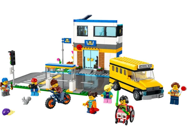 Exciting school adventures await with this LEGO® City School Day (60329) playset, featuring 2 classrooms and a yard with a climbing wall and hopscotch, plus a toy school bus and bicycle. The Road Plates, with crosswalk and bike lane, can also be used to connect to other LEGO sets, and with 7 minifigures, including 2 LEGO City Adventures TV series TV characters, there’s plenty of inspiration for imaginative play. Build-and-play fun for kids aged 6 and up This LEGO construction set includes astep-by-step printed building guide and interactive digital building instructions. Available in the free LEGO Building Instructions app for smartphones and tablets, the digital guide comes with intuitive zoom and rotate tools that allow kids to visualize each model from all angles as they build. A world of imaginative play LEGO City playsets put kids at the heart of the action with detailed structures, realistic vehicles and inspiring characters that nurture open-ended play based on real-life scenarios. LEGO® City school-themed playset for kids aged 6+ – The LEGO City School Day (60329) toy playset is packed with details for imaginative play What’s in the box? – All kids need to build a 2-level school building with schoolyard, toy school bus, bus stop, bike and 7 minifigures, including 2 LEGO® City TV characters, plus a squirrel figure Creative play for kids – The school has 2 classrooms filled with toy equipment for imaginative play, including a Bunsen burner, anatomical skeleton, desks, blackboard, guitar, drums and a microphone A gift for a special occasion – This LEGO® kids’ toy can be given as a birthday, holiday or any-other-day gift for young LEGO builders aged 6 and up A school built for play – When constructed, this school building set measures over 6 in. (15 cm) high, 10.5 in. (27 cm) wide and 10 in. (25 cm) deep. Includes LEGO® minifigure accessories – This school-themed playset comes with fun minifigure accessories for imaginative play, including a camera, helmets, backpacks, guitar and drumsticks Interactive digital building guide included – Kids can zoom, rotate and view models from all angles as they build with the LEGO® Building Instructions app, available for smartphones and tablets Kids learn as they play – Children grow confidence and key life skills as they build and play Putting quality in focus – All LEGO® components meet strict industry standards to ensure they are consistent, compatible and fun to build with: it’s been that way since 1958 Putting safety first – LEGO® bricks and pieces are dropped, heated, crushed, twisted and analyzed to make sure they meet stringent global standards for safety