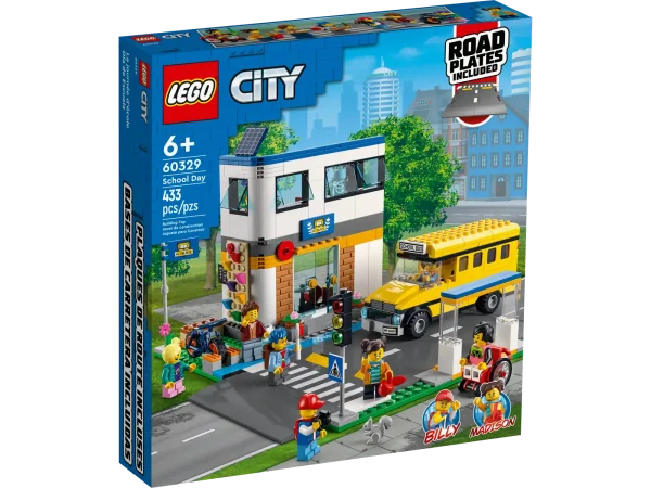 Exciting school adventures await with this LEGO® City School Day (60329) playset, featuring 2 classrooms and a yard with a climbing wall and hopscotch, plus a toy school bus and bicycle. The Road Plates, with crosswalk and bike lane, can also be used to connect to other LEGO sets, and with 7 minifigures, including 2 LEGO City Adventures TV series TV characters, there’s plenty of inspiration for imaginative play. Build-and-play fun for kids aged 6 and up This LEGO construction set includes astep-by-step printed building guide and interactive digital building instructions. Available in the free LEGO Building Instructions app for smartphones and tablets, the digital guide comes with intuitive zoom and rotate tools that allow kids to visualize each model from all angles as they build. A world of imaginative play LEGO City playsets put kids at the heart of the action with detailed structures, realistic vehicles and inspiring characters that nurture open-ended play based on real-life scenarios. LEGO® City school-themed playset for kids aged 6+ – The LEGO City School Day (60329) toy playset is packed with details for imaginative play What’s in the box? – All kids need to build a 2-level school building with schoolyard, toy school bus, bus stop, bike and 7 minifigures, including 2 LEGO® City TV characters, plus a squirrel figure Creative play for kids – The school has 2 classrooms filled with toy equipment for imaginative play, including a Bunsen burner, anatomical skeleton, desks, blackboard, guitar, drums and a microphone A gift for a special occasion – This LEGO® kids’ toy can be given as a birthday, holiday or any-other-day gift for young LEGO builders aged 6 and up A school built for play – When constructed, this school building set measures over 6 in. (15 cm) high, 10.5 in. (27 cm) wide and 10 in. (25 cm) deep. Includes LEGO® minifigure accessories – This school-themed playset comes with fun minifigure accessories for imaginative play, including a camera, helmets, backpacks, guitar and drumsticks Interactive digital building guide included – Kids can zoom, rotate and view models from all angles as they build with the LEGO® Building Instructions app, available for smartphones and tablets Kids learn as they play – Children grow confidence and key life skills as they build and play Putting quality in focus – All LEGO® components meet strict industry standards to ensure they are consistent, compatible and fun to build with: it’s been that way since 1958 Putting safety first – LEGO® bricks and pieces are dropped, heated, crushed, twisted and analyzed to make sure they meet stringent global standards for safety