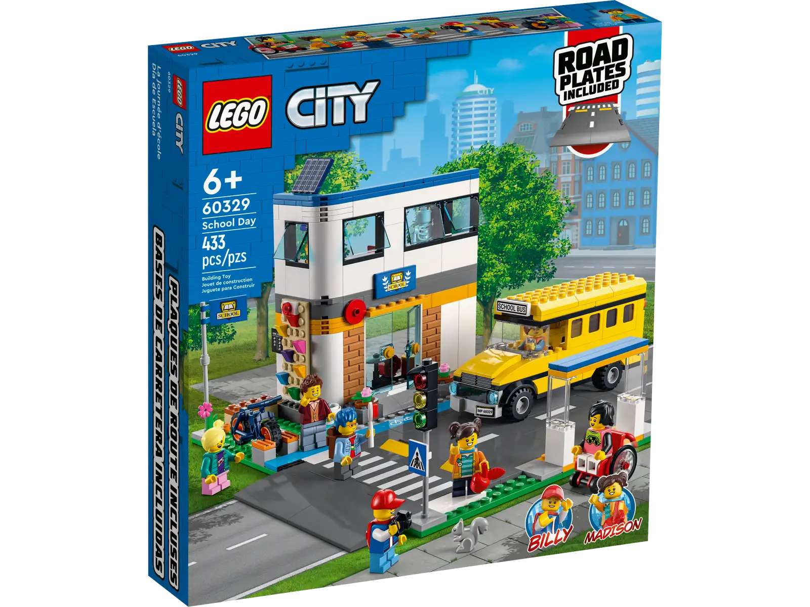 Exciting school adventures await with this LEGO® City School Day (60329) playset, featuring 2 classrooms and a yard with a climbing wall and hopscotch, plus a toy school bus and bicycle. The Road Plates, with crosswalk and bike lane, can also be used to connect to other LEGO sets, and with 7 minifigures, including 2 LEGO City Adventures TV series TV characters, there’s plenty of inspiration for imaginative play. Build-and-play fun for kids aged 6 and up This LEGO construction set includes astep-by-step printed building guide and interactive digital building instructions. Available in the free LEGO Building Instructions app for smartphones and tablets, the digital guide comes with intuitive zoom and rotate tools that allow kids to visualize each model from all angles as they build. A world of imaginative play LEGO City playsets put kids at the heart of the action with detailed structures, realistic vehicles and inspiring characters that nurture open-ended play based on real-life scenarios. LEGO® City school-themed playset for kids aged 6+ – The LEGO City School Day (60329) toy playset is packed with details for imaginative play What’s in the box? – All kids need to build a 2-level school building with schoolyard, toy school bus, bus stop, bike and 7 minifigures, including 2 LEGO® City TV characters, plus a squirrel figure Creative play for kids – The school has 2 classrooms filled with toy equipment for imaginative play, including a Bunsen burner, anatomical skeleton, desks, blackboard, guitar, drums and a microphone A gift for a special occasion – This LEGO® kids’ toy can be given as a birthday, holiday or any-other-day gift for young LEGO builders aged 6 and up A school built for play – When constructed, this school building set measures over 6 in. (15 cm) high, 10.5 in. (27 cm) wide and 10 in. (25 cm) deep. Includes LEGO® minifigure accessories – This school-themed playset comes with fun minifigure accessories for imaginative play, including a camera, helmets, backpacks, guitar and drumsticks Interactive digital building guide included – Kids can zoom, rotate and view models from all angles as they build with the LEGO® Building Instructions app, available for smartphones and tablets Kids learn as they play – Children grow confidence and key life skills as they build and play Putting quality in focus – All LEGO® components meet strict industry standards to ensure they are consistent, compatible and fun to build with: it’s been that way since 1958 Putting safety first – LEGO® bricks and pieces are dropped, heated, crushed, twisted and analyzed to make sure they meet stringent global standards for safety