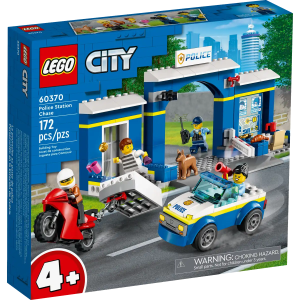 Introduce kids to a world of imaginative play with this LEGO® City Police Station Chase (60370) toy playset for kids aged 4+. The station building features a raisable barrier and houses an office and a jail with a breakout function. This set also includes a police car and a crook’s getaway motorcycle, plus 2 police officer and 2 crook minifigures. Designed for preschoolers and youngsters This easy-build 4+ playset comes with a LEGO Starter Brick element, pictorial instructions and the LEGO Builder app – a digital building companion with intuitive zoom and rotate tools that enable kids to visualize the finished model from all angles as they build. Exploring the world through play LEGO City playsets come with feature-rich buildings, realistic vehicles and fun characters that stimulate open-ended imaginative role play based on everyday heroes and real-life events. Fun police playset for kids aged 4+ – Action-packed police pursuit adventures await with the LEGO® City Police Station Chase (60370) building set What’s in the box? – Everything kids need to build a toy police station, police car and crook’s motorcycle, plus 2 police officer and 2 crook minifigures and a police dog figure Features and functions – Kids attach the chain from the toy motorbike to activate the jailbreak function A gift for any occasion – This LEGO® City Police toy can begiven as a birthday, holiday or any-day gift for kids aged 4 and up Dimensions – When built, the police station measures over 4.5 in. (12 cm) high, 10 in. (26 cm) wide and 4.5 in. (12 cm) deep Includes LEGO® minifigure accessories – This toy police playset comes with lots of fun accessories for imaginative play, including a toy gem, police radio, jail key, 2 cups and a megaphone Guidance for younger builders – This 4+ set includes a LEGO® Starter Brick element, a simple pictorial building guide and digital mentoring via the LEGO Builder app A play-and-learn building toy – LEGO® City sets help kids develop confidence and key life skills with fun toys and characters that inspire open-ended imaginative play Quality in focus – All LEGO® components meet strict industry standards to ensure they are consistent, compatible and fun to build with: it’s been that way since 1958 Putting safety first – LEGO® bricks and pieces are dropped, heated, crushed, twisted and analyzed to make sure they meet stringent global standards for safety