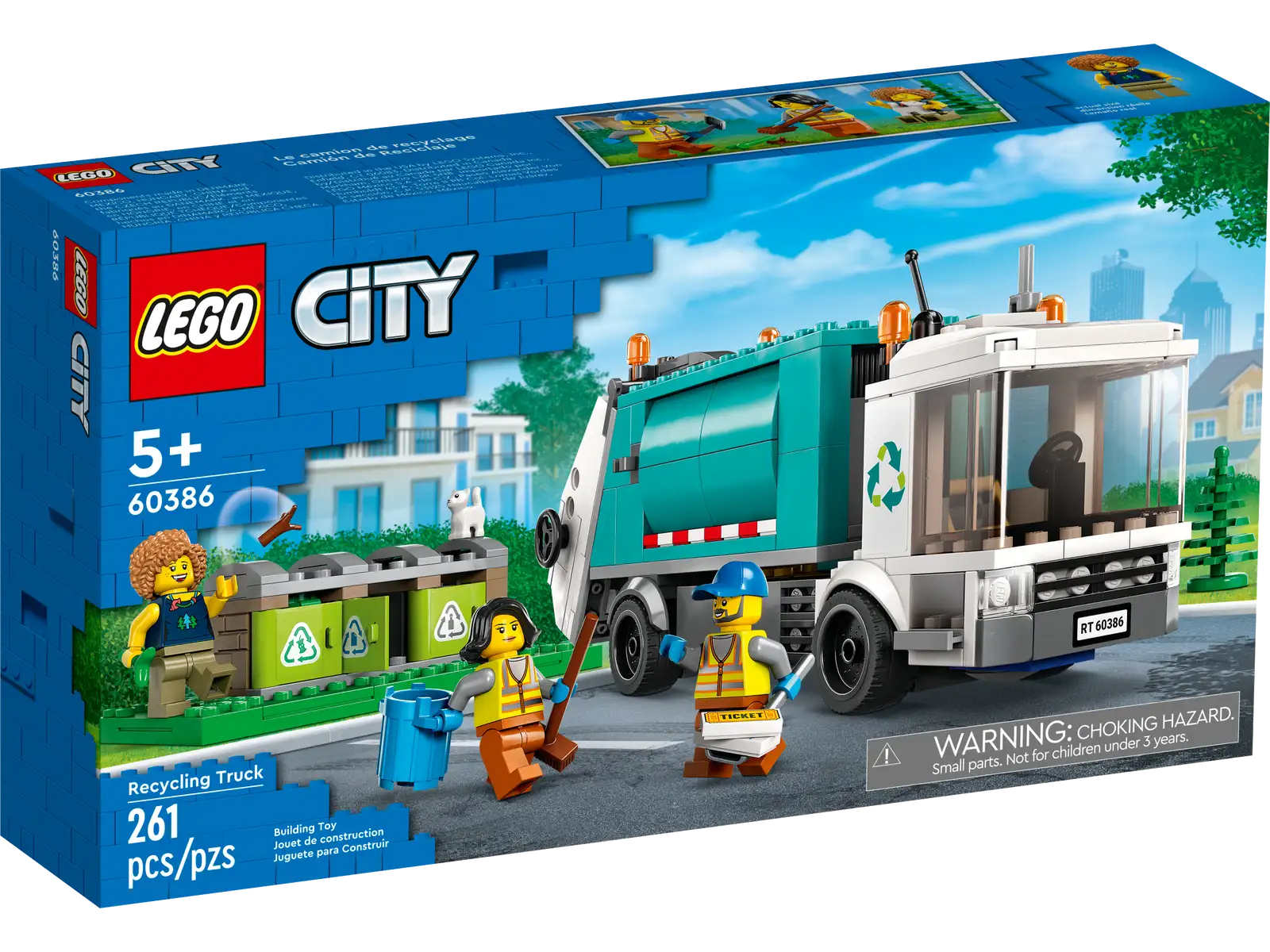 This 5+ LEGO® City Recycling Truck (60386) set comes with lots of realistic features, including a recycling center with 3 containers. The truck features a tipping platform for emptying the containers and a raisable flatbed for offloading. Just add the 3 minifigures and cat figure and let the fun begin. Printed and digital building guides Includes easy-to-follow pictorial building guide and the LEGO Builder app – a digital building guide with intuitive zoom and rotate tools that enable kids to visualize the finished model from all angles as they build. A LEGO City Great Vehicles toy building set Kids grow up surrounded by amazing vehicles and machines, and with LEGO City Great Vehicles building sets they get to explore them up close, with realistic models and fun characters that inspire open-ended imaginative play. Toy Recycling Truck – Caring for the environment is fun with this LEGO® City Recycling Truck (60386) playset, complete with a recycling center setting What’s in the box? – Everything kids need to build the LEGO® City Recycling Truck, plus a toy recycling center with 3 containers, 3 minifigures and a cat figure Fun functions for children who love realistic role play – Kids can activate the tipping platform to empty the recycling containers into the truck and raise the truck’s flatbed foroffloading A LEGO® gift for any occasion – Give this playset as a birthday or any-other-day surprise for kids 5 and up Dimensions – When built, the Recycling Truck measures over 3 in. (8 cm) high, 8 in. (21 cm) long and 2 in. (6 cm) wide No batteries required – This battery-free playset is powered by kids’ imaginations Printed and digital building guides – Kids can zoom, rotate and view the model from all angles as they build with the LEGO® Builder app for smartphones and tablets Kids learn as they play – LEGO® City playsets support kids’ learning with fun toys and characters that inspire open-ended imaginative play Quality-controlled building toys – All LEGO® components meet strict industry standards to ensure they are consistent, compatible and fun to build with Putting safety first – LEGO® bricks and pieces are dropped, heated, crushed, twisted and analyzed to make sure they meet stringent global standards for safety