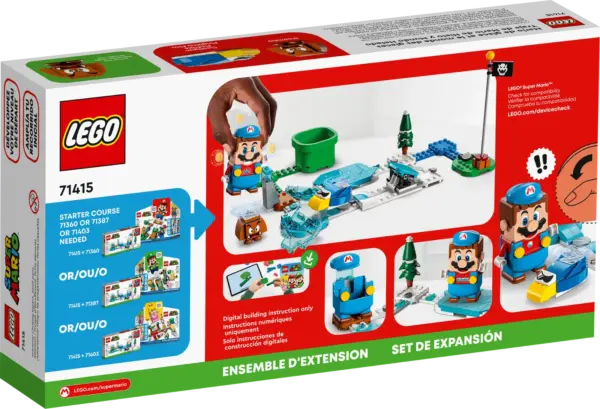 Children can build a LEGO® Super Mario™ ice level with the Ice Mario Suit and Frozen World Expansion Set (71415). It features an Ice Mario suit for LEGO® Mario™ (figure not included) to wear and LEGO figures of a Cooligan and a Goomba. The buildable blue ice plate triggers skating sounds from LEGO Mario when he ‘skates’ on it. There is also a launcher to send the Cooligan flying into a brick-built ice block – when the ice block is smashed, the Goomba is revealed. (Note: the 71360, 71387 or 71403 Starter Course is required for play.) Share the creative fun A top gift for kids aged 6 and up to join the coolest trend, this collectible toy playset is ideal for solo or social play. Download the LEGO Super Mario app for building instructions and more. Creativity without limits LEGO Super Mario Starter Courses and Expansion Sets allow fans to expand, rebuild and customize their own unique levels for hours of coin-collecting play. Cooligan-launching, ice-breaking fun – Kids can create fun ice-themed levels with the (71415) LEGO® Super Mario™ Ice Mario Suit and Frozen World Expansion Set Includes 2 LEGO® Super Mario™ characters – LEGO toy figures of a Cooligan and a Goomba Power up – The Ice Mario suit enables unique reactions from LEGO® Mario™ (figure not included), such as an ice ball graphic appearing on his belly screen, which gives him extra power to defeat enemies Fun challenges – Skate on the buildable blue ice plate to trigger skating sounds from LEGO® Mario™, and jump on the launcher to propel the Cooligan into the ice block to break it and reveal the Goomba Gift for ages 6 and up – Give this 105-piece set as a birthday or holiday gift to kids who own a LEGO® Super Mario™ Starter Course (71360, 71387 or 71403), which is required for interactive play Rebuild and combine – Measuring over 2.5 in. (6 cm) high, 8 in. (20 cm) wide and 4.5 in. (12 cm) deep in its basic formation, this modular toy mixes with other LEGO® Super Mario™ building sets App-assisted building – Download the LEGO® Super Mario™ app for building instructions, creative tips and more. For a list of compatible Android and iOS devices, visit LEGO.com/devicecheck Unlimited possibilities – LEGO® Super Mario™ toy playsets are designed for solo or social play, offering hours of coin-collecting fun and endless creative challenges through expansion and rebuilding High quality – Since 1958, LEGO® components have complied with strict industry quality standards to ensure that they connect consistently and securely Safety is a priority – LEGO® building bricks and pieces are dropped, heated, crushed, twisted and analyzed to make sure that they satisfy stringent global safety standards