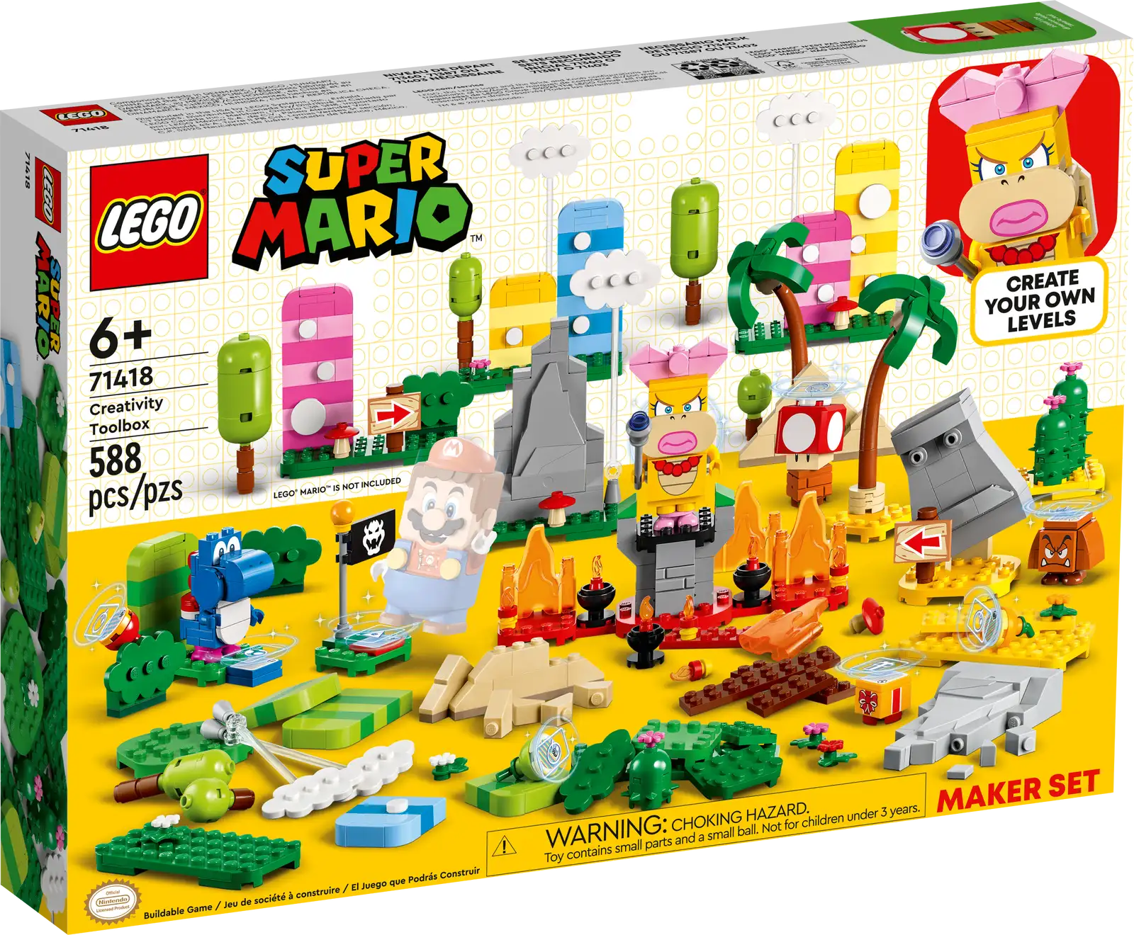 Young builders can add extra detail and depth to their LEGO® Super Mario™ levels with this Creativity Toolbox Maker Set (71418). It features buildable trees, flowers, mountains, mushrooms, pyramids, a Checkpoint Flag and more to recreate the look of Super Mario™ grass, desert and lava levels. A great gift idea for kids aged 6 and up who own a Starter Course (71360, 71387 or 71403 – required for interactive play), it also includes 3 fruits, a gift box and a Super Mushroom with an Action Tag and 3 LEGO Super Mario characters: Wendy, a Blue Yoshi and a Goomba. Companion app Download the LEGO Super Mario app for building instructions, creative inspiration and other fun stuff to spark children’s imaginations. Collectible toy playsets Modular LEGO Super Mario Starter Courses and Expansion Sets allow fans unlimited ways to expand, rebuild and customize their own unique levels for hours of coin-collecting play. Colorful builds to add to LEGO® Super Mario™ levels – Give children the Creativity Toolbox Maker Set (71418) to add detail and depth to their LEGO Super Mario Starter Course and Expansion Sets 3 LEGO® Super Mario™ figures – The set includes Wendy, a Blue Yoshi and a Goomba Classic grass, desert and lava builds – The set includes buildable trees, flowers, hills, mushrooms, pyramids, signs and a Checkpoint Flag, plus cloud and bush elements 3 fruits, a gift box and a Super Mushroom with an Action Tag – Includes a red, yellow and green fruit for LEGO® Mario™, LEGO® Luigi™ or LEGO® Peach™ (figures not included) to ‘eat’ For play or display – Kids can use the bricks in this toy playset to create displays for their collectible LEGO® Super Mario™ characters or to enhance their levels Gift for ages 6 and up – This 588-piece set makes a fun birthday or holiday gift for kids who own a LEGO® Super Mario™ Starter Course (71360, 71387 or 71403), which is required for interactive play Digital instructions – Download the companion LEGO® Super Mario™ app for building instructions, inspiring ideas and more. For a list of compatible Android and iOS devices, visit LEGO.com/devicecheck Inspire kids’ imaginations – Collectible LEGO® Super Mario™ toys are designed for solo or social play, offering coin-collecting fun and unlimited creative challenges through expansion and rebuilding Quality assurance – Since 1958, LEGO® components have complied with demanding industry quality standards to ensure that they connect consistently and securely for robust builds Safety first – LEGO® building bricks are tested in almost every way imaginable to make sure that they comply with strict global safety standards