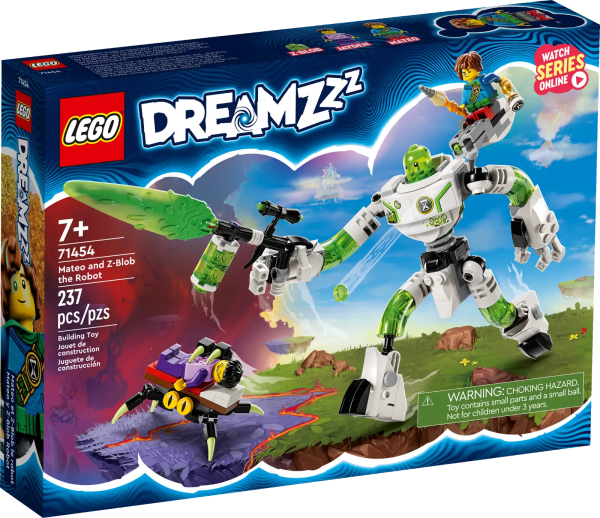 Let kids aged 7+ lose themselves in the dream world with this LEGO® DREAMZzz™ Mateo and Z-Blob the Robot (71454) building toy set. Based on the action that takes place on the DREAMZzz TV show, this set lets kids transform Z-Blob into a sleek robot to help Mateo rescue Jayden, who’s been kidnapped by a nightmare monster. 1 set, 2 ways to build The large Z-Blob robot has a fully articulated torso, arms and legs. Kids can use the included accessories to give Z-Blob hand and shoulder blasters or a jetpack and helmet, giving kids the opportunity to unleash their imaginations and double the fun play. Minifigures bring the action to life The set includes detailed minifigures of Mateo and Jayden. Their accessories include a belt, pencil staff and hourglass, which are important to their characters in the TV show. Bring Z-Blob to life – Kids can enjoy imaginative play with the LEGO® DREAMZzz™ Mateo and Z-Blob the Robot (71454) building toy set, based on a storyline from the TV show Posable play – The large robot Z-Blob features a fully articulated torso, arms and legs so kids can easily pose it to recreate different scenes Choose the adventure – Kids can choose between giving Z-Blob a hand blaster, a shoulder-mounted blaster and target for shooting practice or a jetpack and helmet 2 minifigures – This toy set comes with detailed minifigures of Mateo and Jayden and includes important accessories such as a pencil staff and hourglass Detailed elements – Features include a nightmare monster and the bed from which Jayden is kidnapped Solo or group play – The set is designed for kids aged 7 and up, who can spend hours of fun playing on their own or with friends Dimensions – Z-Blob the robot stands over 6 in. (16 cm) tall Help is at hand – The set features story-led building instructions, which are also available digitally in the LEGO® Builder app Premium quality – LEGO® bricks are designed to connect consistently every time Safety comes first – LEGO® bricks have been rigorously tested to ensure they meet stringent safety requirements