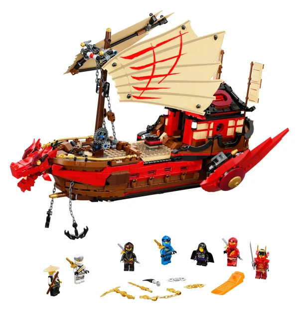 Creative kids who love building classic LEGO® NINJAGO® Boat sets and are excited by playing with fun toys will love Destiny’s Bounty (71705). This detailed and interactive building set for kids features a NINJAGO LEGO ship and 7 ninja action figures including Wu, Kai, Zane and Cole. Spectacular LEGO NINJAGO Boat set Little ninjas can enjoy plotting their own NINJAGO® epic adventures with this action-packed and interactive ninja playset, an updated version of the NINJAGO boat from season 1 of the TV series. Kids will love firing up their imaginations with this NINJAGO Destiny’s Bounty set. Fun toys for creative play LEGO NINJAGO building sets for kids allow them to enter a world of gripping adventure where they can team up with their ninja heroes to take down an array of evil villains. NINJAGO fans will be captivated with a range of playsets, boats, cars, dragons, temples and buildable figures. Detailed and updated NINJAGO® Destiny’s Bounty set with 7 minifigures for ninja fans to recreate scenes from the exciting world of NINJAGO. This is a brilliant building set for kids who enjoy plotting their own stories. NINJAGO® Legacy set including awesome Destiny's Bounty LEGO® ship and 7 minifigures: Wu, Kai, Young Lloyd Garmadon, Samurai X, Zane, Jay and Cole. NINJAGO fans have an abundance of characters to indulge in role-play fun. This Destiny's Bounty ninja toy allows kids to celebrate the rich history of NINJAGO® from season 1 of the TV series. Passionate ninja fans will love dropping the ship’s anchor, rotating the engines and moving its sails. This 1,781-piece playset makes for a fun building experience for boys and girls aged 9+, and is a great birthday present. New for 2020, the playset allows creative youngsters to lose themselves in a unique fantasy world. The NINJAGO® Destiny's Bounty Set can be played with at home or taken on the go for even more NINJAGO epic adventures. The LEGO® ship measures over 12” (32cm) high, 17” (44cm) long and 15” (38 cm) wide. Good news! No batteries are required for kids to enjoy the best possible creative fun with the Destiny’s Bounty – it is ready to go as it is built, so never needs to be left at the dock. This playset comes with easy-to-follow instructions, so kids can build their NINJAGO® boat as quickly as possible before they set sail into battle. LEGO® NINJAGO® building sets for kids inspire kids' imaginations and allow them to escape into a world of non-stop fun and creative play as they team up with their ninja heroes. LEGO® bricks have met the highest industry standards for more than 60 years, ensuring they are always consistent, compatible and pull apart easily every time, whether you are at home or on the high seas.