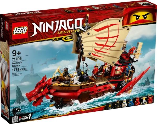 Creative kids who love building classic LEGO® NINJAGO® Boat sets and are excited by playing with fun toys will love Destiny’s Bounty (71705). This detailed and interactive building set for kids features a NINJAGO LEGO ship and 7 ninja action figures including Wu, Kai, Zane and Cole. Spectacular LEGO NINJAGO Boat set Little ninjas can enjoy plotting their own NINJAGO® epic adventures with this action-packed and interactive ninja playset, an updated version of the NINJAGO boat from season 1 of the TV series. Kids will love firing up their imaginations with this NINJAGO Destiny’s Bounty set. Fun toys for creative play LEGO NINJAGO building sets for kids allow them to enter a world of gripping adventure where they can team up with their ninja heroes to take down an array of evil villains. NINJAGO fans will be captivated with a range of playsets, boats, cars, dragons, temples and buildable figures. Detailed and updated NINJAGO® Destiny’s Bounty set with 7 minifigures for ninja fans to recreate scenes from the exciting world of NINJAGO. This is a brilliant building set for kids who enjoy plotting their own stories. NINJAGO® Legacy set including awesome Destiny's Bounty LEGO® ship and 7 minifigures: Wu, Kai, Young Lloyd Garmadon, Samurai X, Zane, Jay and Cole. NINJAGO fans have an abundance of characters to indulge in role-play fun. This Destiny's Bounty ninja toy allows kids to celebrate the rich history of NINJAGO® from season 1 of the TV series. Passionate ninja fans will love dropping the ship’s anchor, rotating the engines and moving its sails. This 1,781-piece playset makes for a fun building experience for boys and girls aged 9+, and is a great birthday present. New for 2020, the playset allows creative youngsters to lose themselves in a unique fantasy world. The NINJAGO® Destiny's Bounty Set can be played with at home or taken on the go for even more NINJAGO epic adventures. The LEGO® ship measures over 12” (32cm) high, 17” (44cm) long and 15” (38 cm) wide. Good news! No batteries are required for kids to enjoy the best possible creative fun with the Destiny’s Bounty – it is ready to go as it is built, so never needs to be left at the dock. This playset comes with easy-to-follow instructions, so kids can build their NINJAGO® boat as quickly as possible before they set sail into battle. LEGO® NINJAGO® building sets for kids inspire kids' imaginations and allow them to escape into a world of non-stop fun and creative play as they team up with their ninja heroes. LEGO® bricks have met the highest industry standards for more than 60 years, ensuring they are always consistent, compatible and pull apart easily every time, whether you are at home or on the high seas.