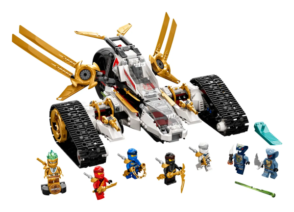 Kids can stage stunning adventures from season 1 of the LEGO® NINJAGO® TV series with this modern update of the Ultra Sonic Raider (71739). The 4-in-1 vehicle can be taken apart to create a separate motorcycle toy, jet plane with spring-loaded shooters and 2 all-terrain vehicles. Toys that let kids fulfil their passion for ninja role play This unique playset includes 7 minifigures: ninjas Kai, Zane, Cole and Jay, plus snake soldiers Mezmo and Rattla from the Hypnobrai tribe, giving kids allthey need to stage gripping battles. New for June 2021, there is also a never-seen-before Zane Legacy golden collectible minifigure with a stand to celebrate 10 years of NINJAGO toys. Fantastic LEGO sets for creative play LEGO NINJAGO playsets transport kids to a world of fun-filled adventure. There they can join their brave heroes to take on the forces of evil as they play with an amazing collection of cool toys including dragons, mechs and so much more. LEGO® NINJAGO® Ultra Sonic Raider (71739) is a unique 4-in-1 ninja vehicle that separates into a jet plane, a motorcycle toy and 2 all-terrain vehicles, so the fun never stops. Action-packed playset includes 7 minifigures: ninjas Kai, Cole, Zane, Jay and Zane Legacy to take on snake soldiers Rattla and Mezmo from season 1 of the NINJAGO® TV series. Kids have the exciting choice to fly the jet plane with spring-loaded shooters or drive the motorcycle toy or 2 all-terrain vehicles. There is space in each of the 4 vehicles for a ninja minifigure. Includes a golden Zane Legacy collectible minifigure with a small stand to celebrate the 10th anniversary of NINJAGO® toys. Look out for more special golden minifigures in 5 other NINJAGO® sets including Tournament of Elements (71735), Boulder Blaster (71736), Fire Dragon Attack (71753) and X-1 Ninja Charger (71737). This battle toy playset for ages 9 and up offers creative kids a truly enriching building task and makes a great birthday or holiday gift. The Ultra Sonic Raider measures over 5.5 in. (14 cm) high, 13 in. (33 cm) long and 10.5 in. (27 cm) wide – just the right size to play out stories at home or for fun on the go. The LEGO® NINJAGO® range has an extensive collection of action-packed playsets to fuel your kid’s passions and lets them learn the positive ninja values of bravery, honesty and friendship. For more than 6 decades LEGO® bricks have been made from high-quality materials to ensure they consistently connect and pull apart – ninja skills not needed! LEGO® building bricks meet rigorous safety standards, ensuring your kids are in safe hands with LEGO playsets.